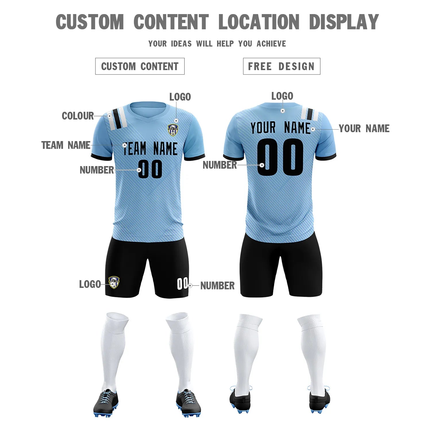 Custom Light Blue Black Shoulder Stripes Sport Soccer Sets Jersey