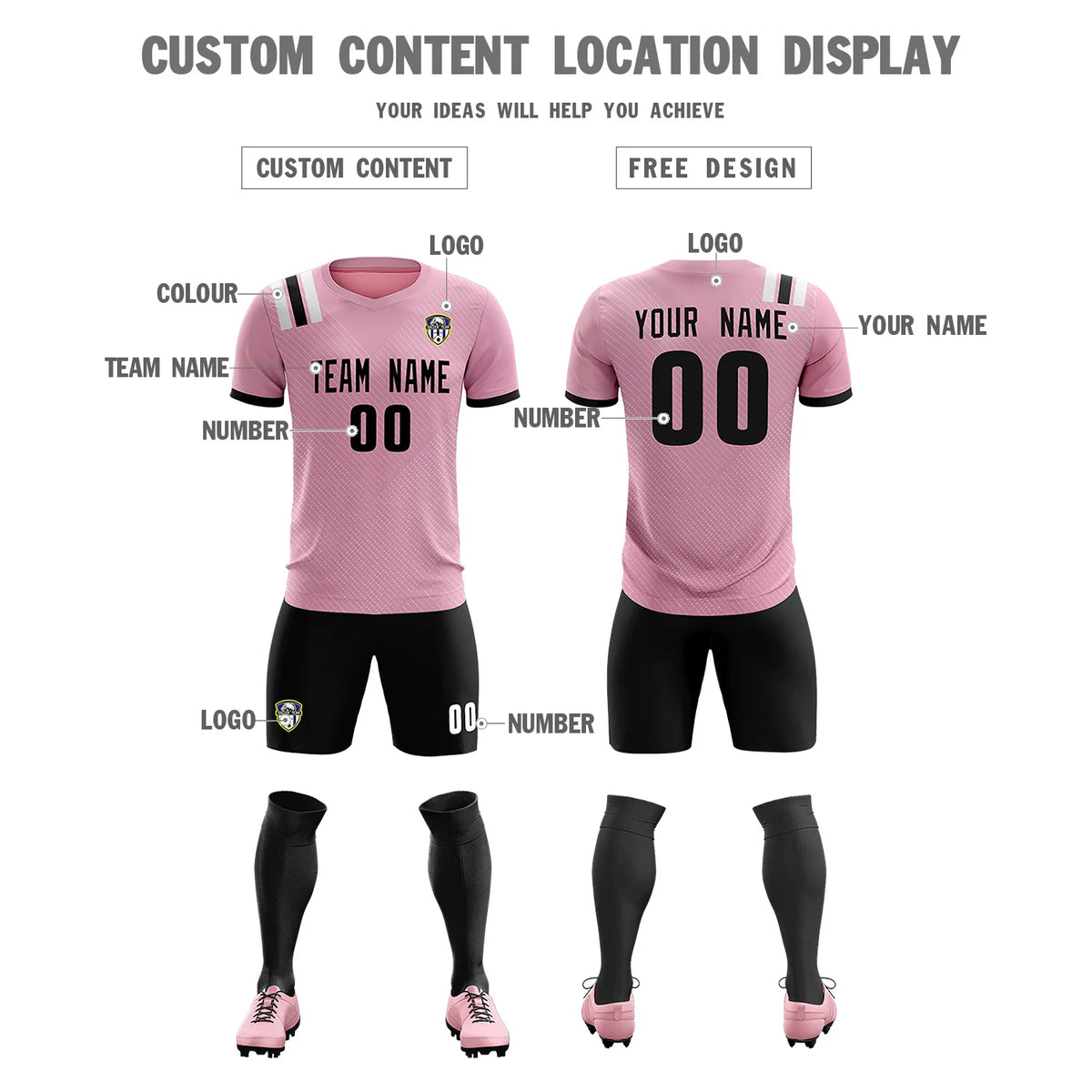 Custom Light Pink Black Shoulder Stripes Sport Soccer Sets Jersey
