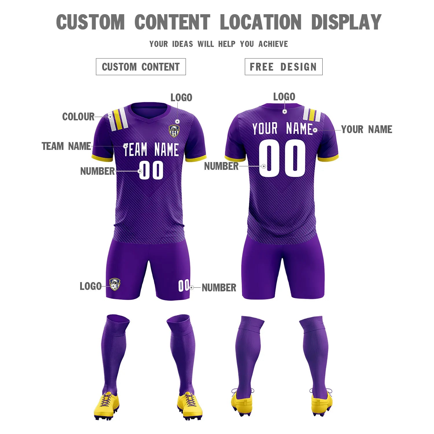 Custom Purple White Shoulder Stripes Sport Soccer Sets Jersey