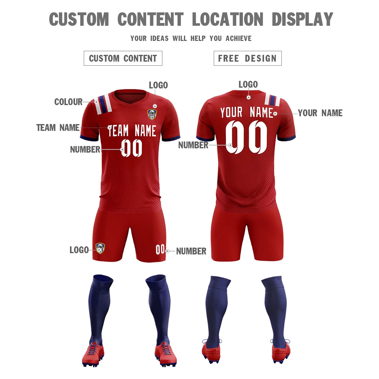 Custom Red White Shoulder Stripes Sport Soccer Sets Jersey