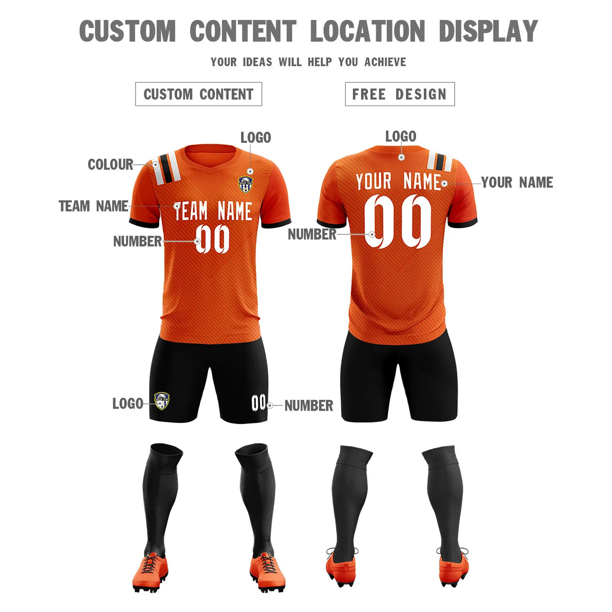 Custom Orange Black Shoulder Stripes Sport Soccer Sets Jersey