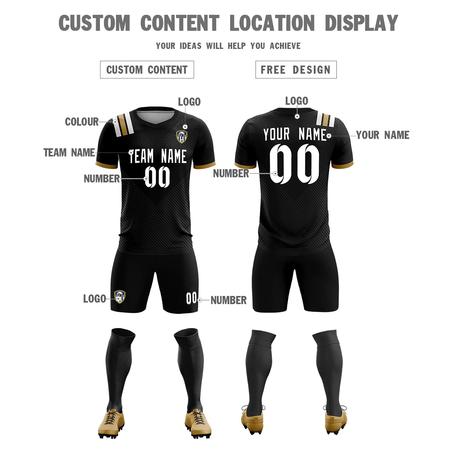 Custom Black White Shoulder Stripes Sport Soccer Sets Jersey