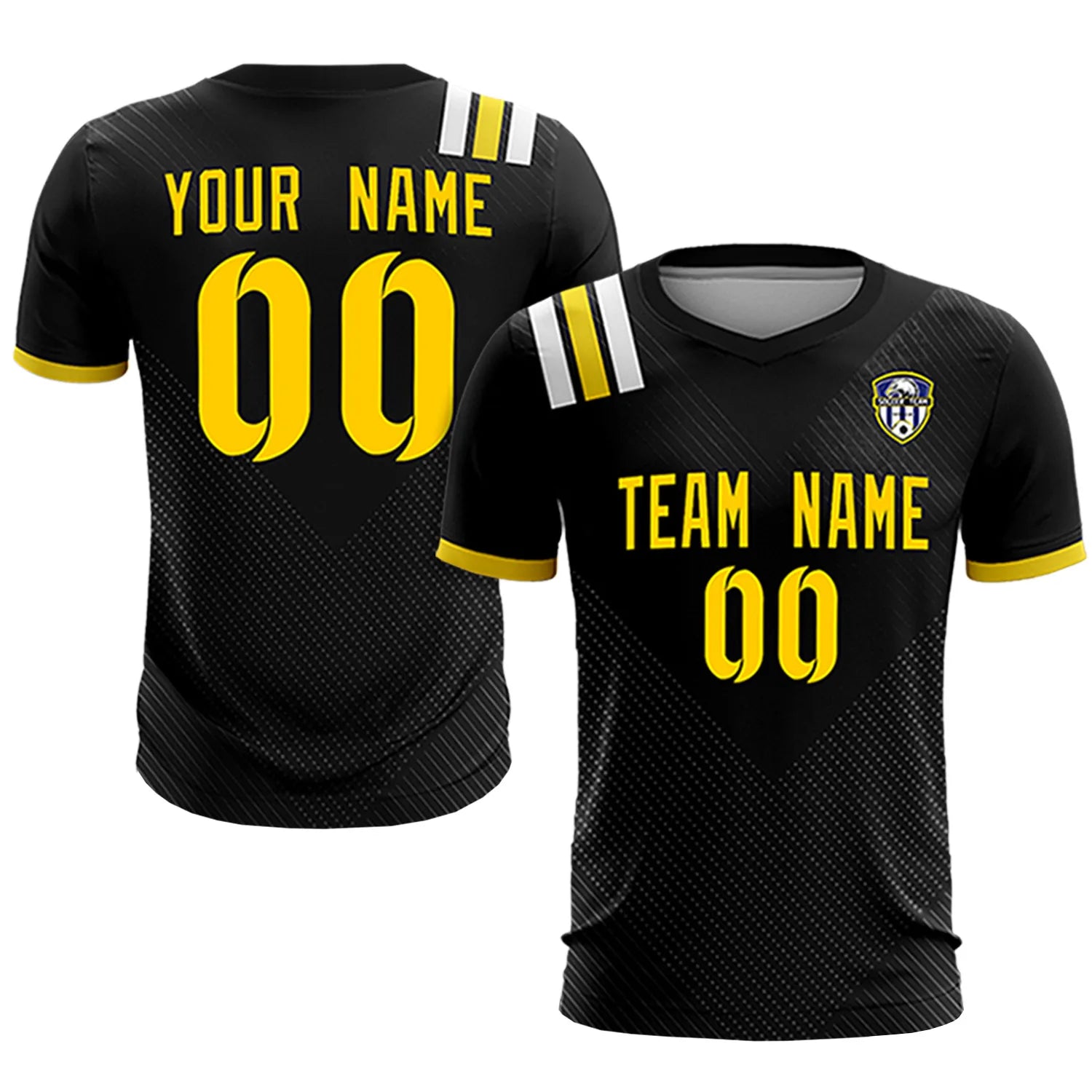 Custom Black Gold Shoulder Stripes Sport Soccer Sets Jersey