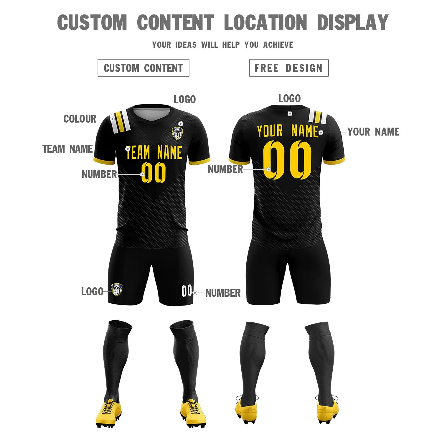 Custom Black Gold Shoulder Stripes Sport Soccer Sets Jersey