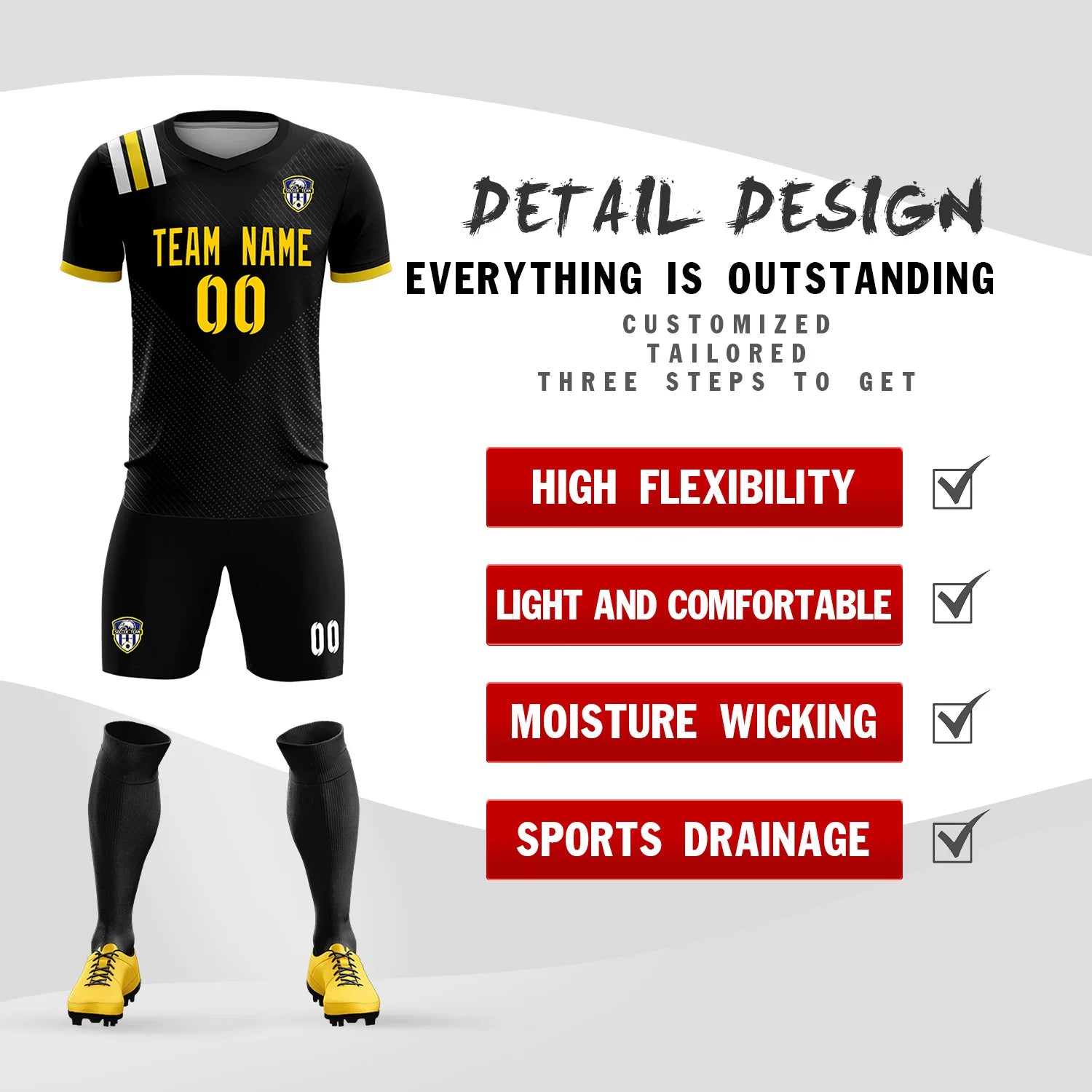 Custom Black Gold Shoulder Stripes Sport Soccer Sets Jersey