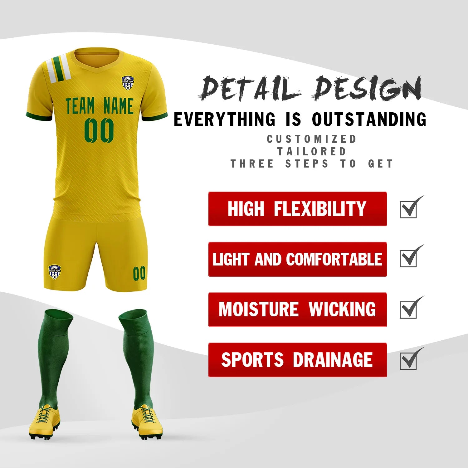 Custom Gold Green Shoulder Stripes Sport Soccer Sets Jersey