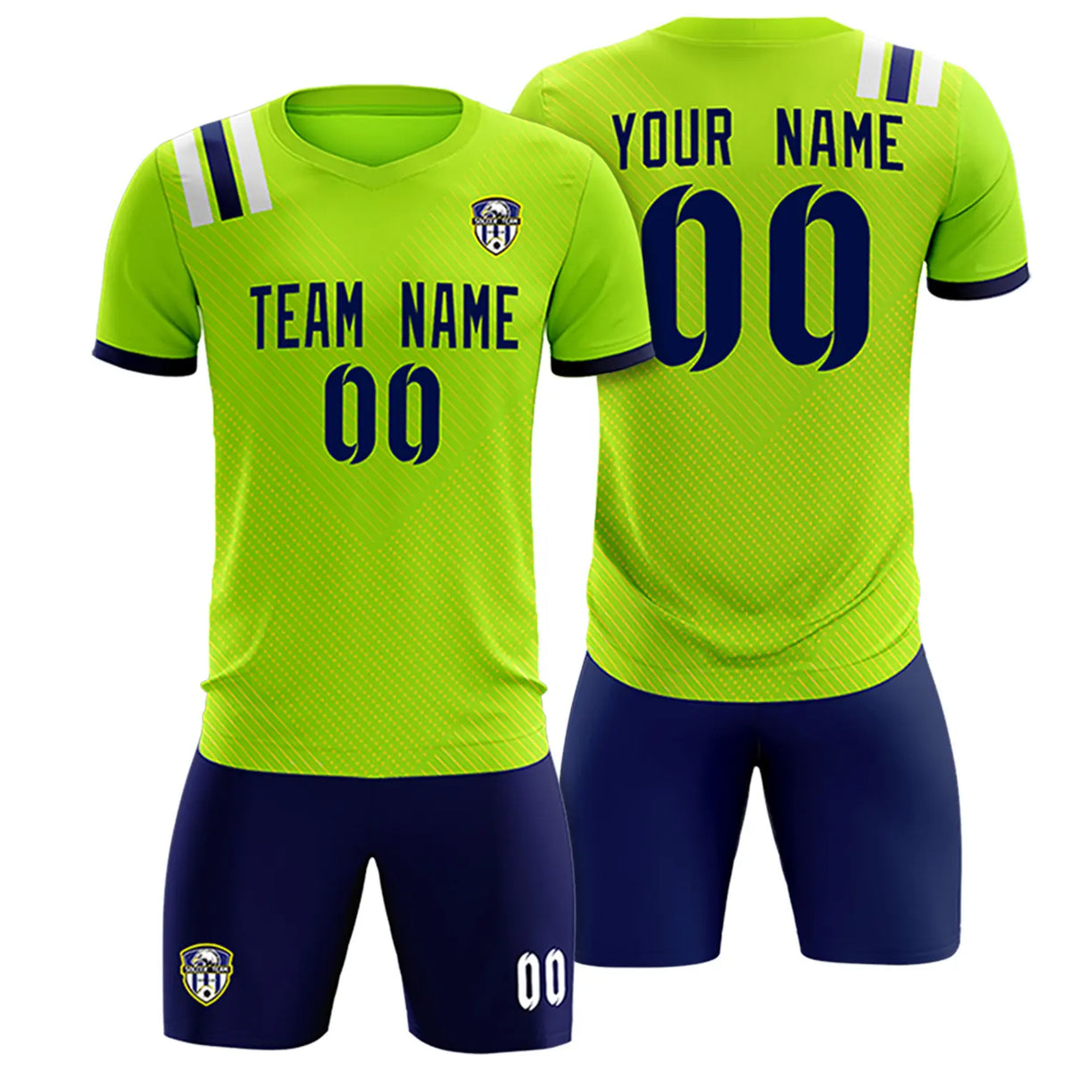 Custom Neon Green Navy Shoulder Stripes Sport Soccer Sets Jersey