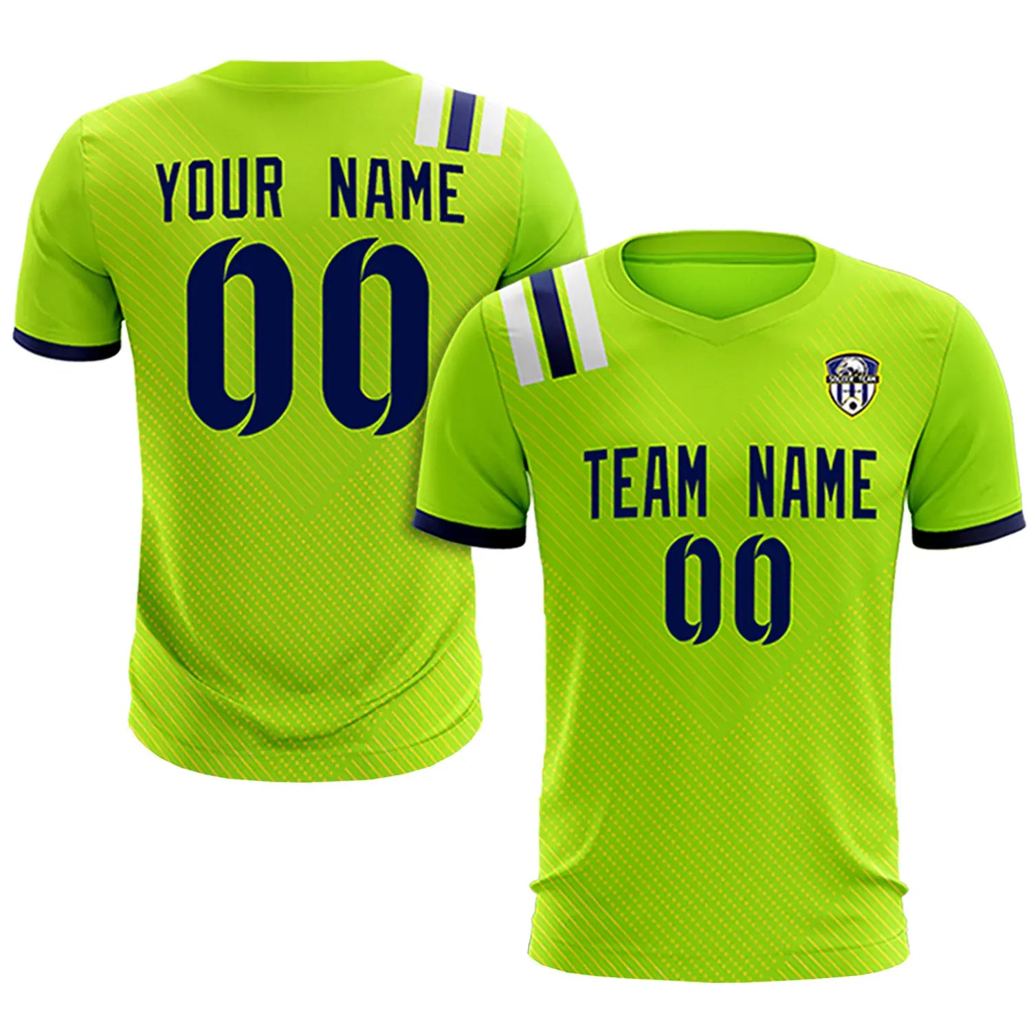 Custom Neon Green Navy Shoulder Stripes Sport Soccer Sets Jersey