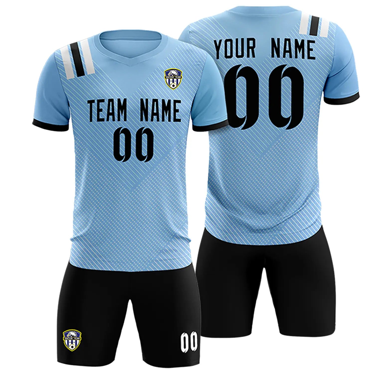 Custom Light Blue Black Shoulder Stripes Sport Soccer Sets Jersey