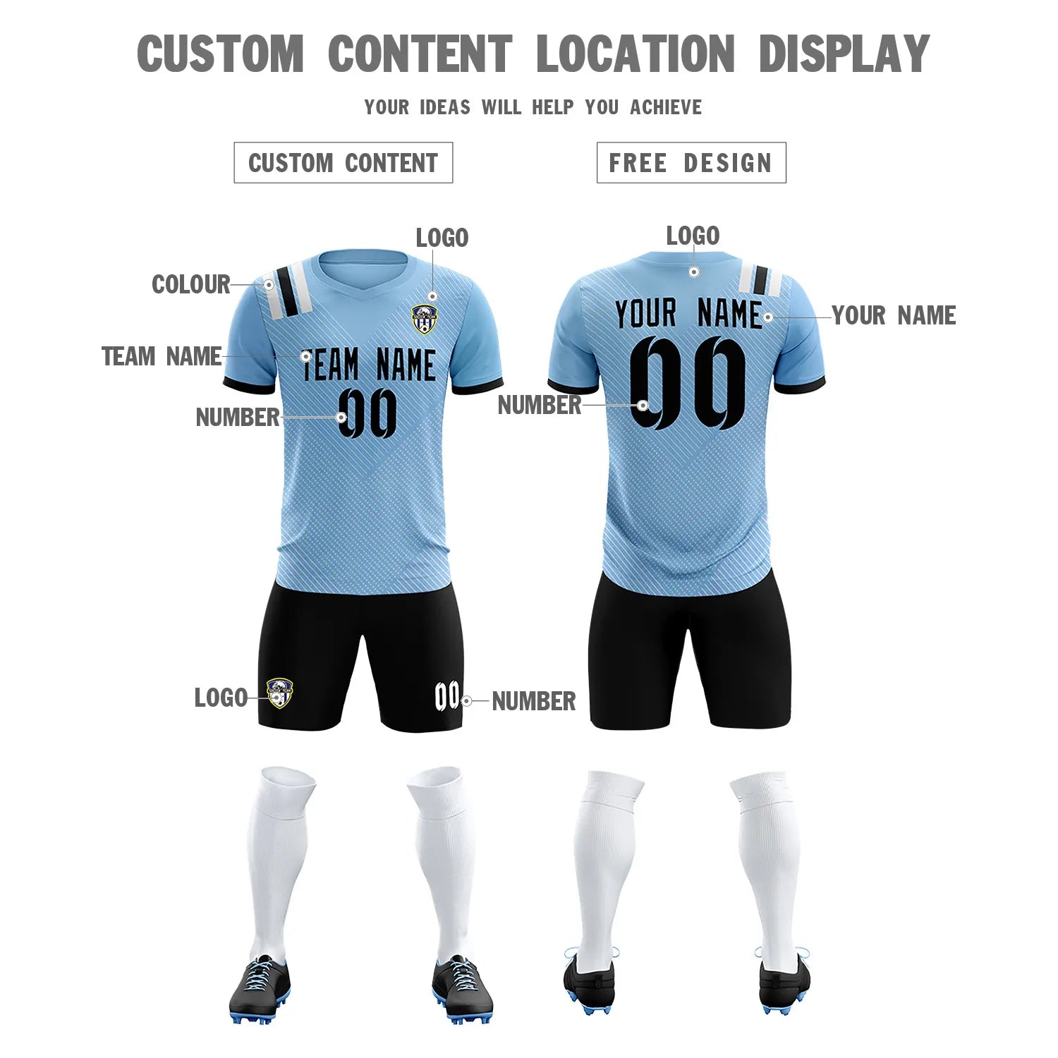 Custom Light Blue Black Shoulder Stripes Sport Soccer Sets Jersey