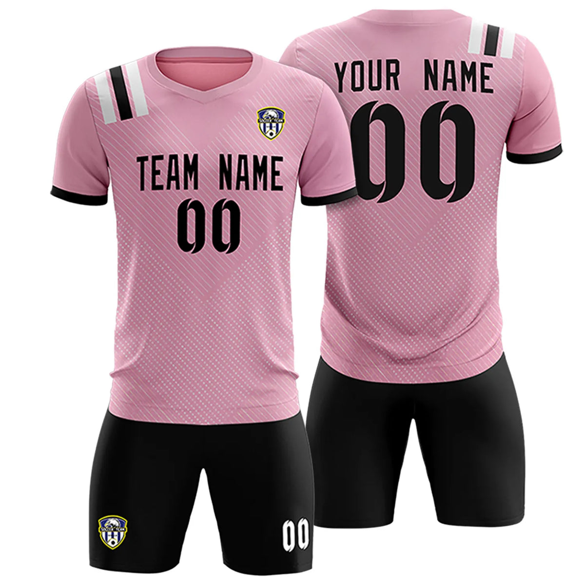 Custom Light Pink Black Shoulder Stripes Sport Soccer Sets Jersey
