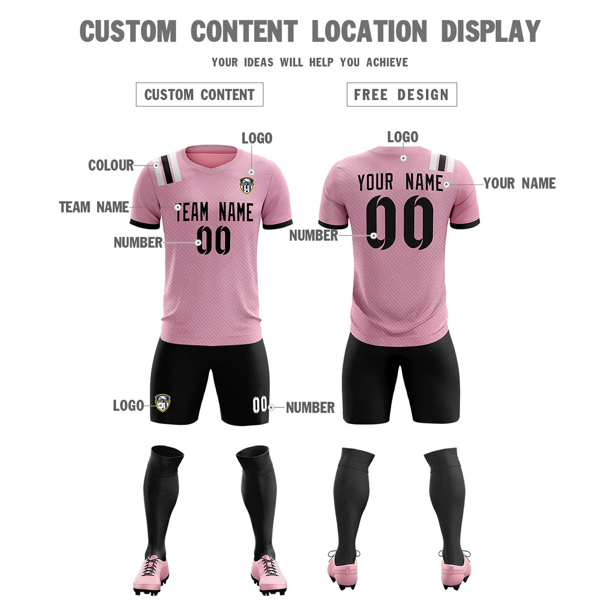Custom Light Pink Black Shoulder Stripes Sport Soccer Sets Jersey