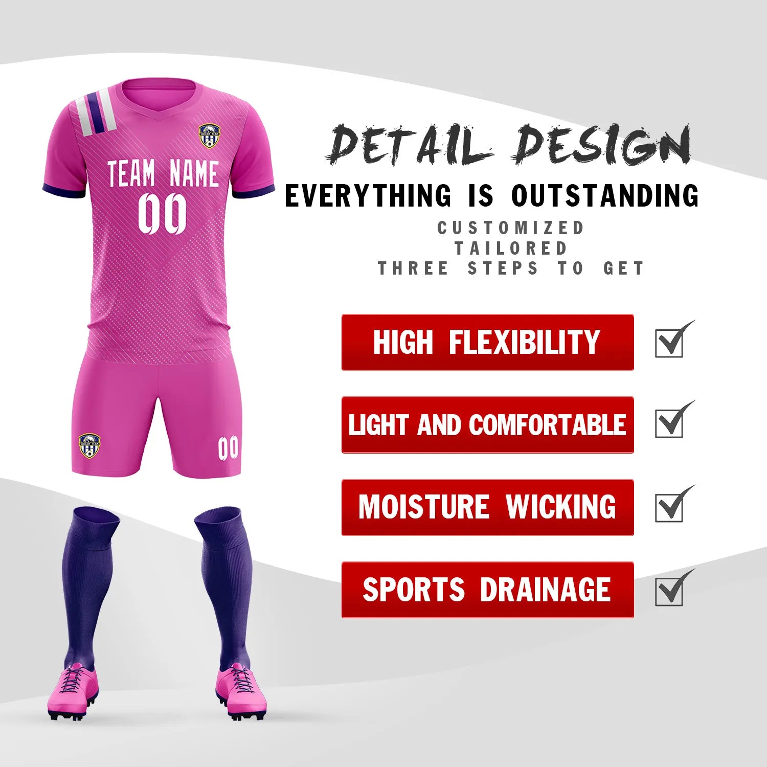Custom Pink White Shoulder Stripes Sport Soccer Sets Jersey
