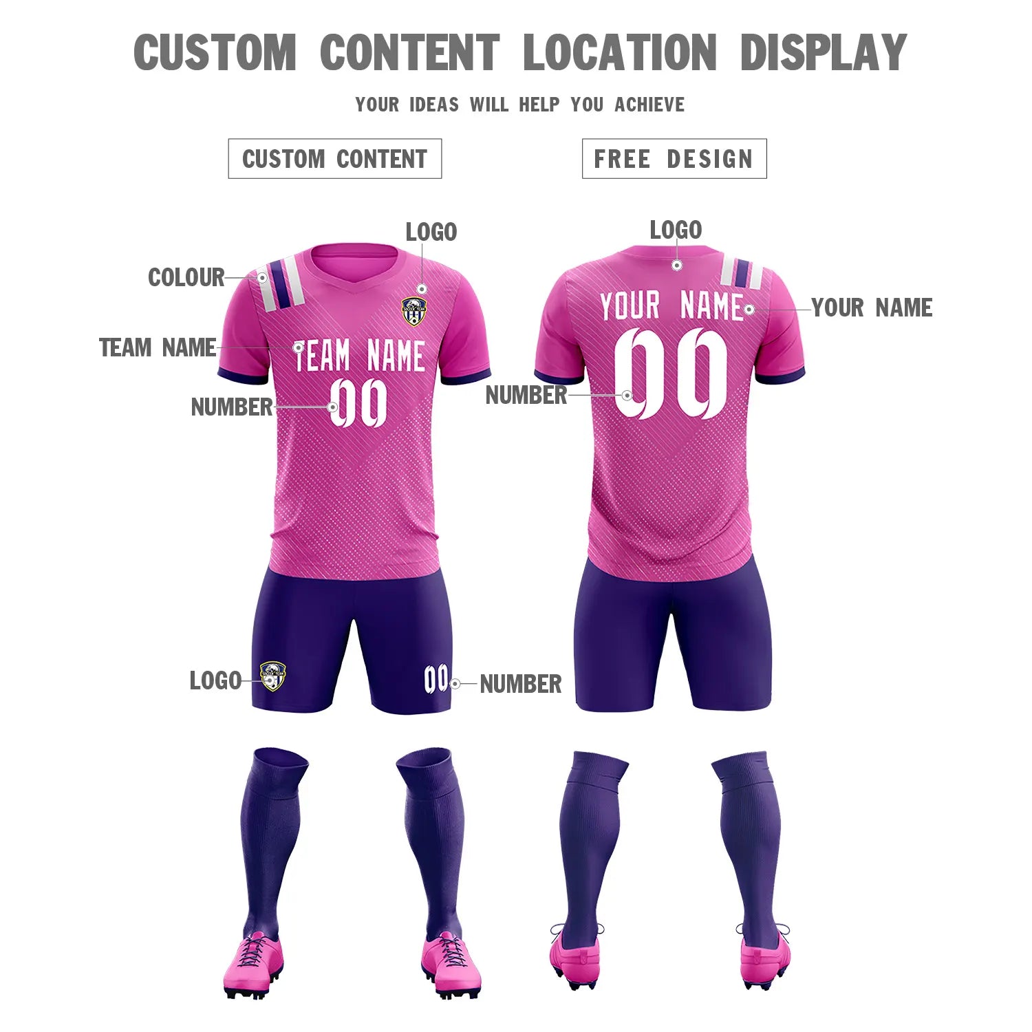 Custom Pink Purple Shoulder Stripes Sport Soccer Sets Jersey