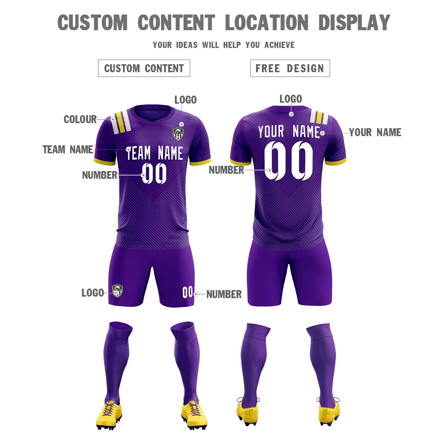 Custom Purple White Shoulder Stripes Sport Soccer Sets Jersey