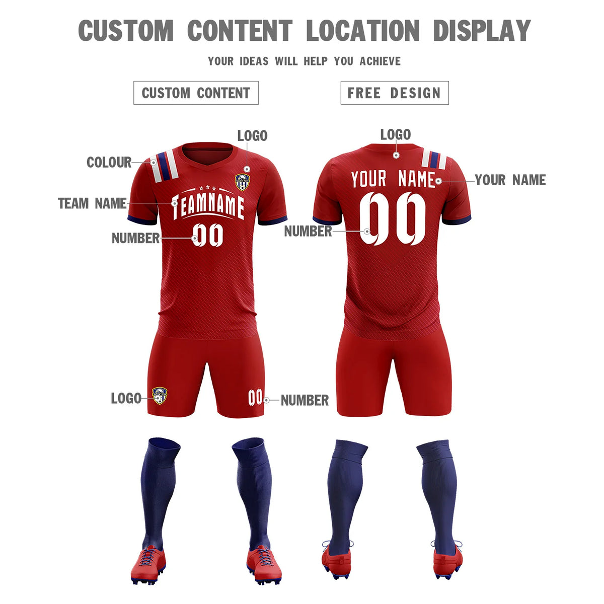 Custom Red White Shoulder Stripes Sport Soccer Sets Jersey