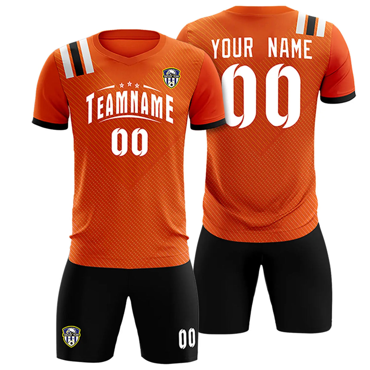 Custom Orange Black Shoulder Stripes Sport Soccer Sets Jersey
