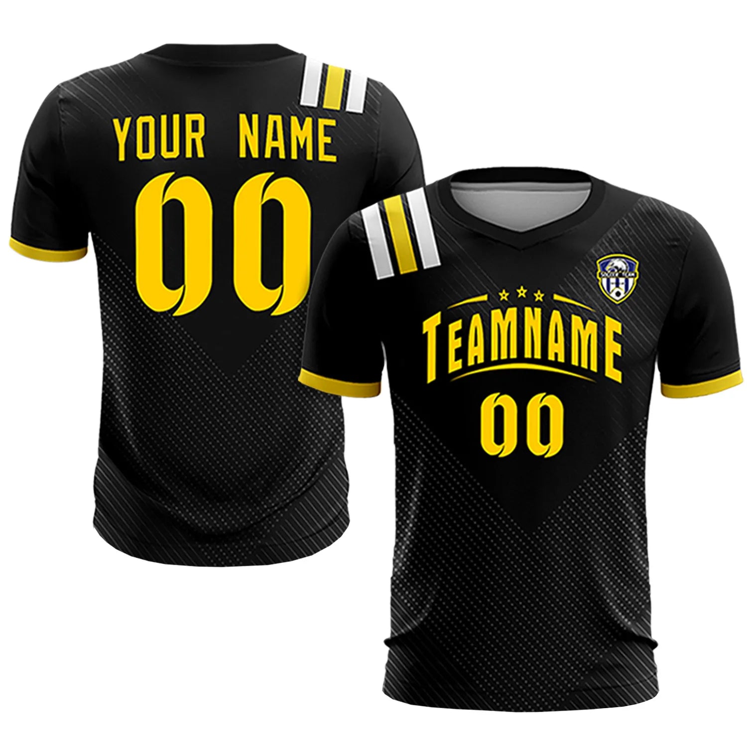 Custom Black Gold Shoulder Stripes Sport Soccer Sets Jersey