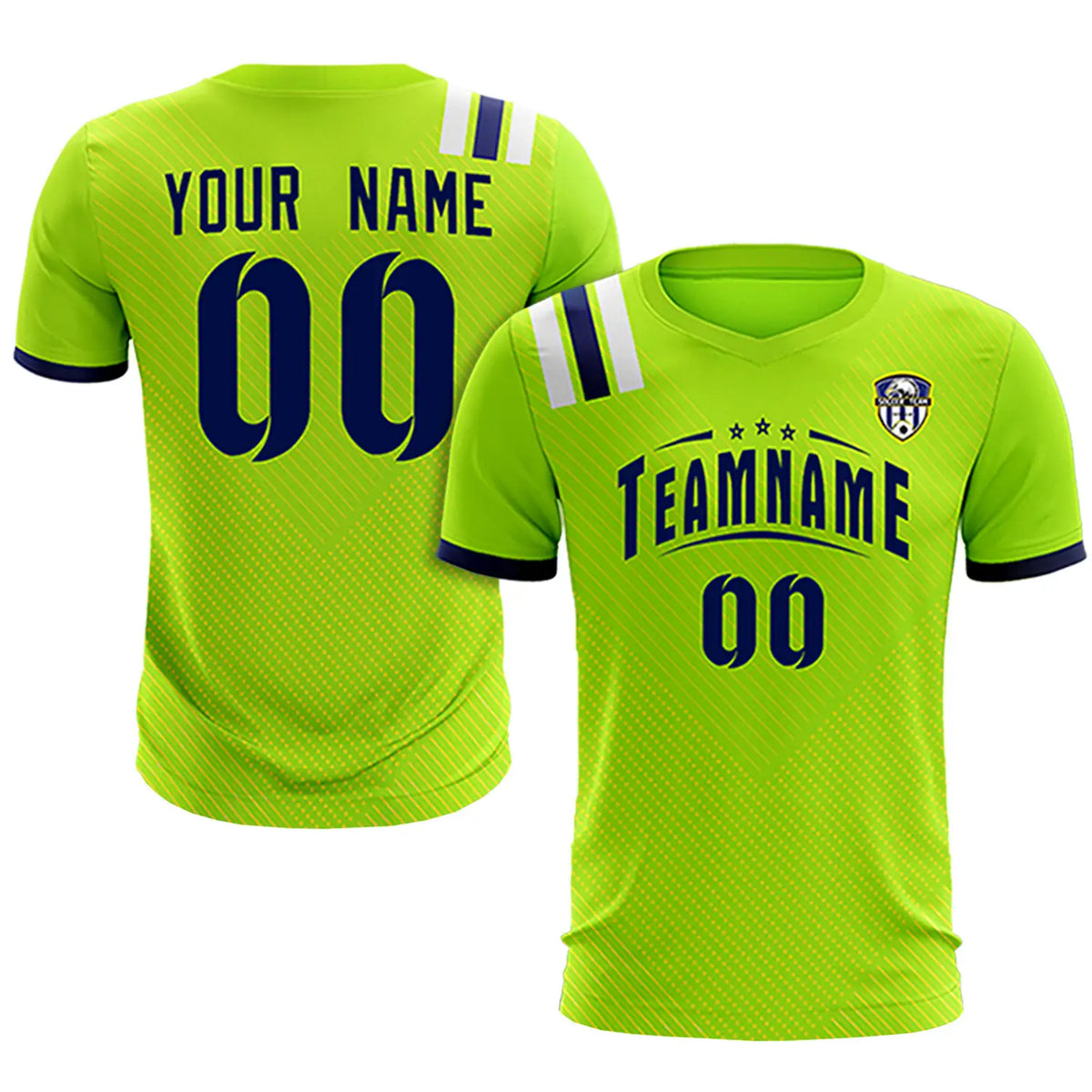 Custom Neon Green Navy Shoulder Stripes Sport Soccer Sets Jersey