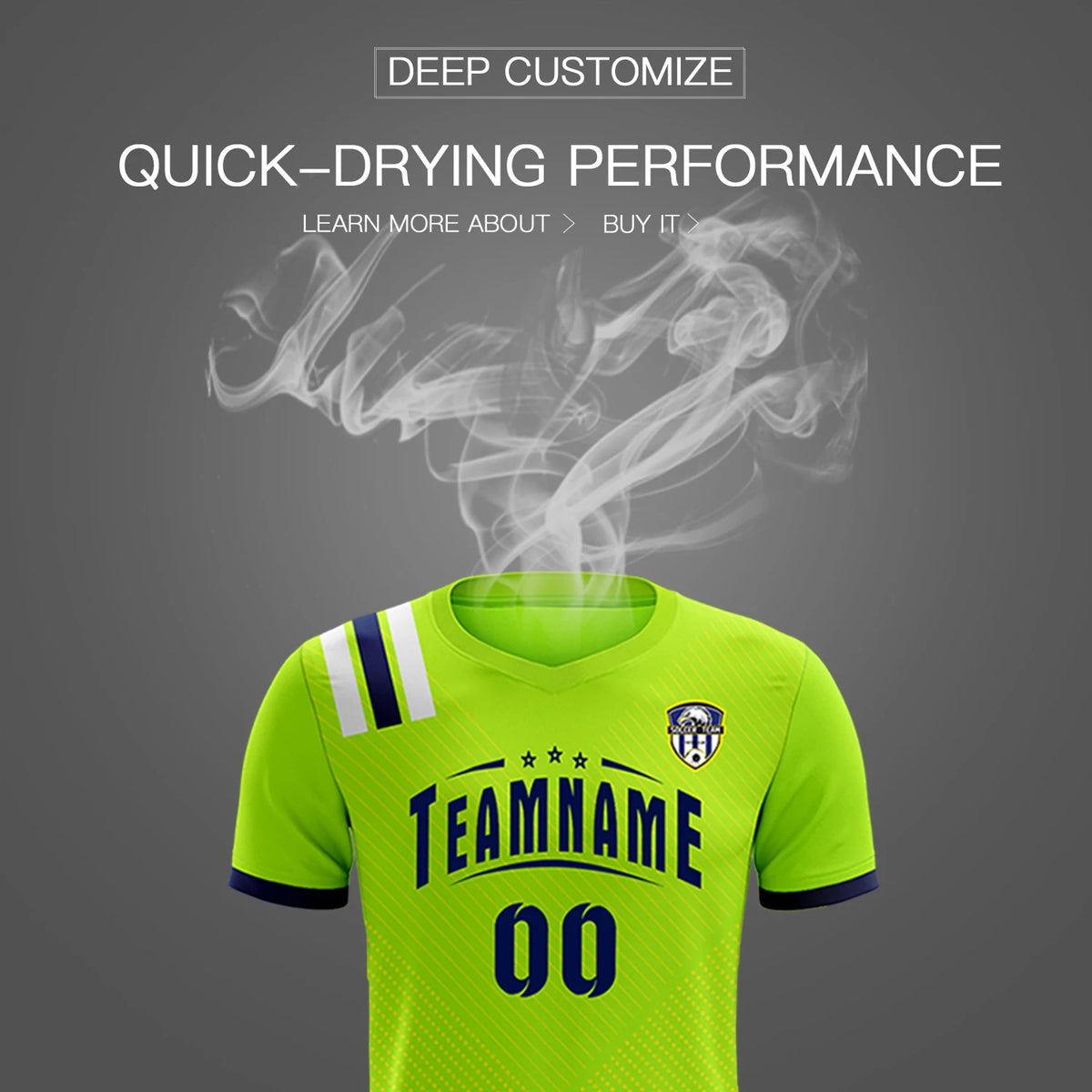 Custom Neon Green Navy Shoulder Stripes Sport Soccer Sets Jersey