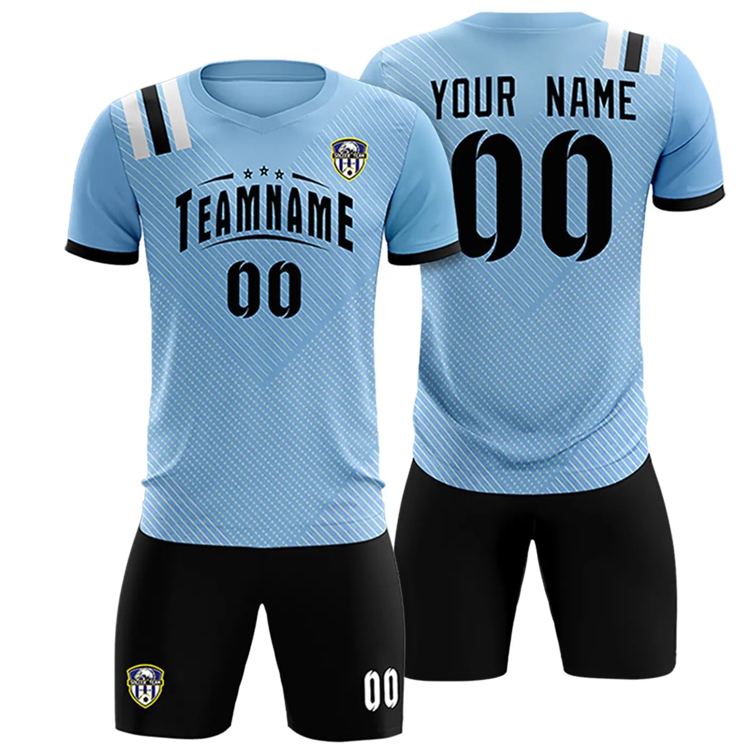 Custom Light Blue Black Shoulder Stripes Sport Soccer Sets Jersey