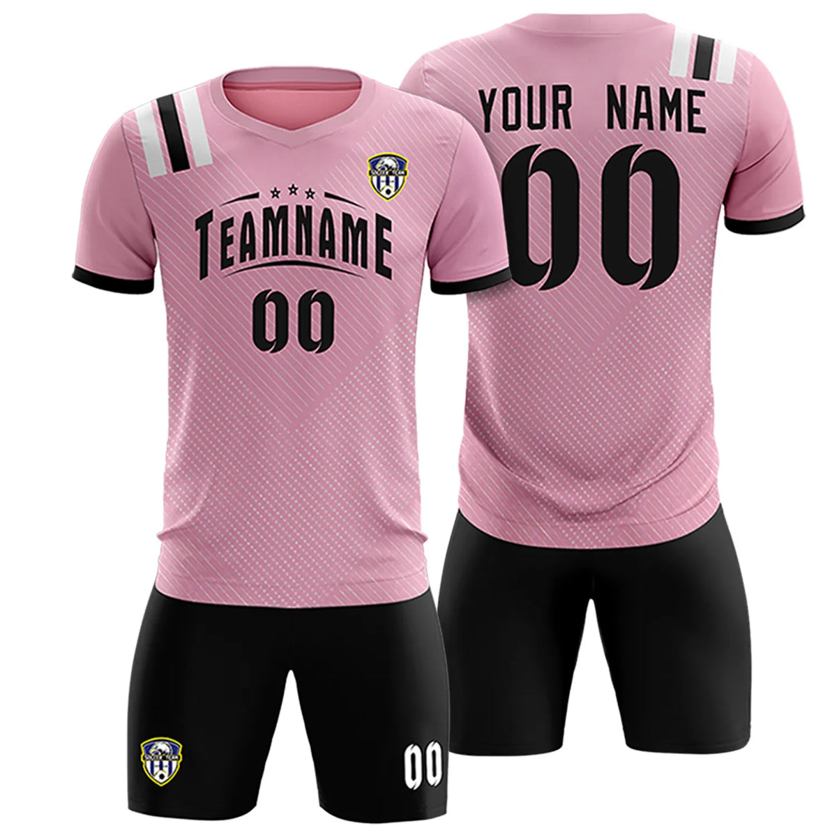Custom Light Pink Black Shoulder Stripes Sport Soccer Sets Jersey