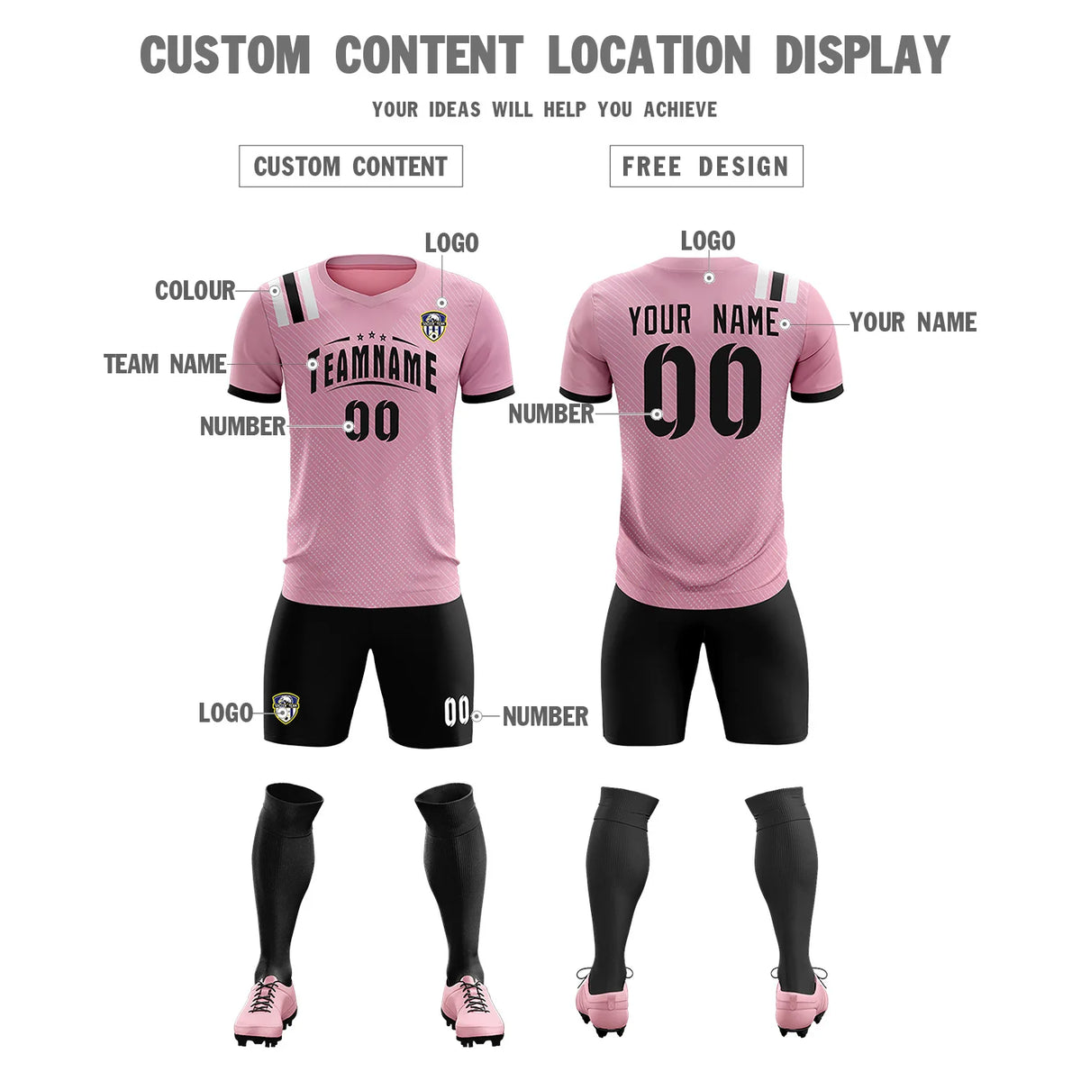 Custom Light Pink Black Shoulder Stripes Sport Soccer Sets Jersey