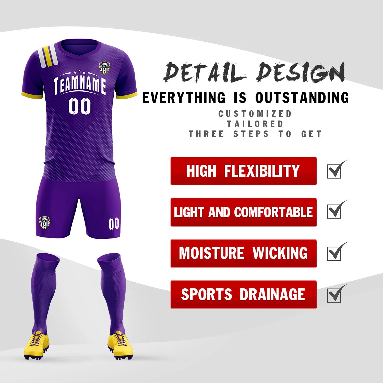Custom Purple White Shoulder Stripes Sport Soccer Sets Jersey