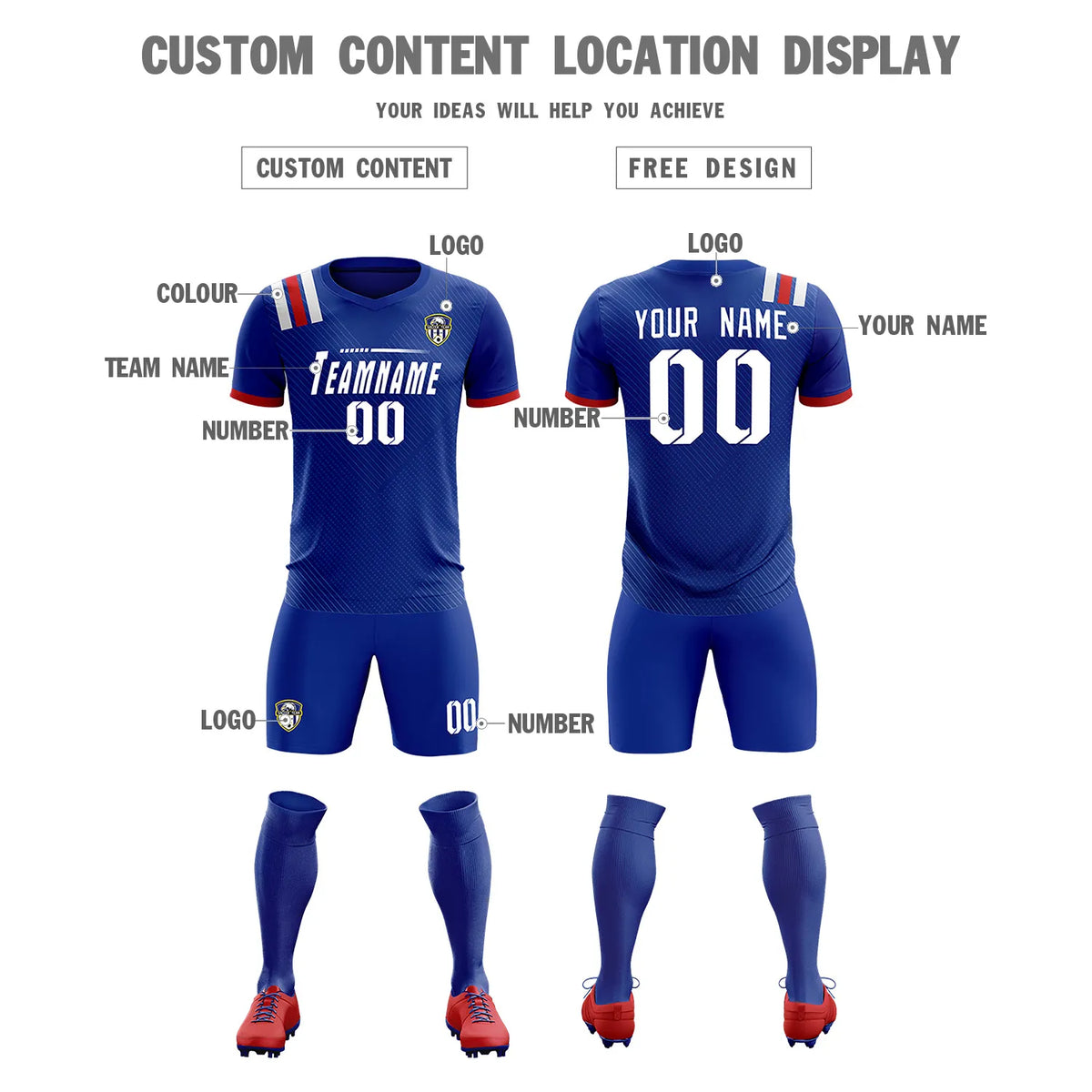 Custom Royal Blue White Shoulder Stripes Sport Soccer Sets Jersey