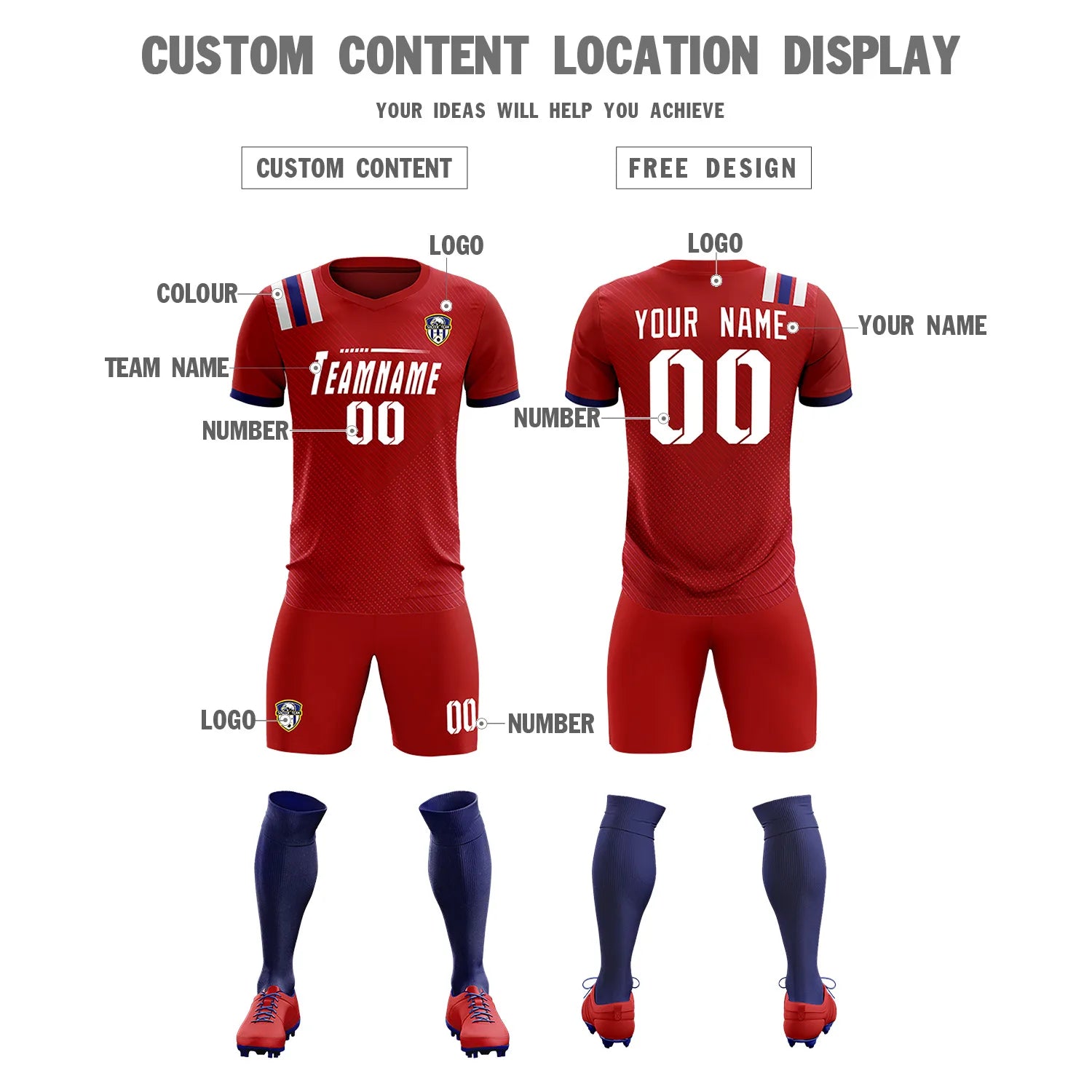 Custom Red White Shoulder Stripes Sport Soccer Sets Jersey