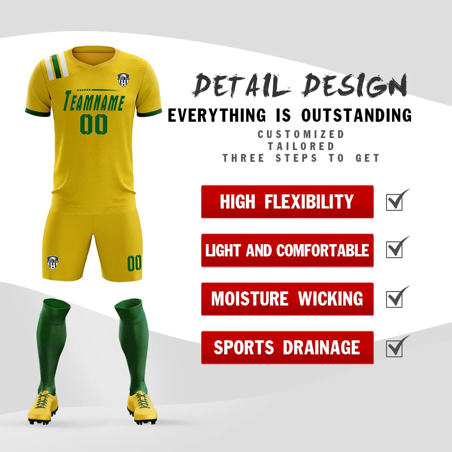 Custom Gold Green Shoulder Stripes Sport Soccer Sets Jersey