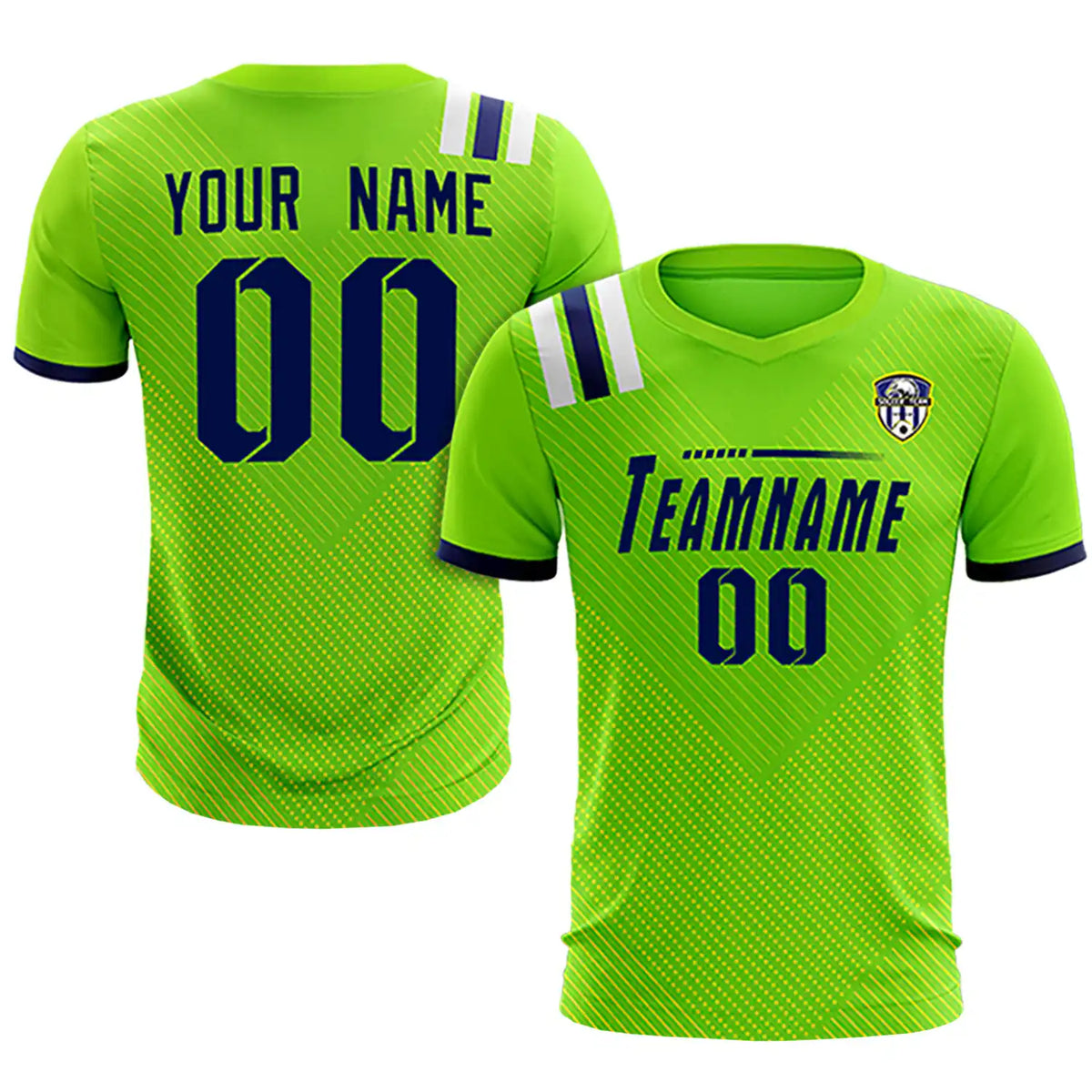 Custom Neon Green Navy Shoulder Stripes Sport Soccer Sets Jersey