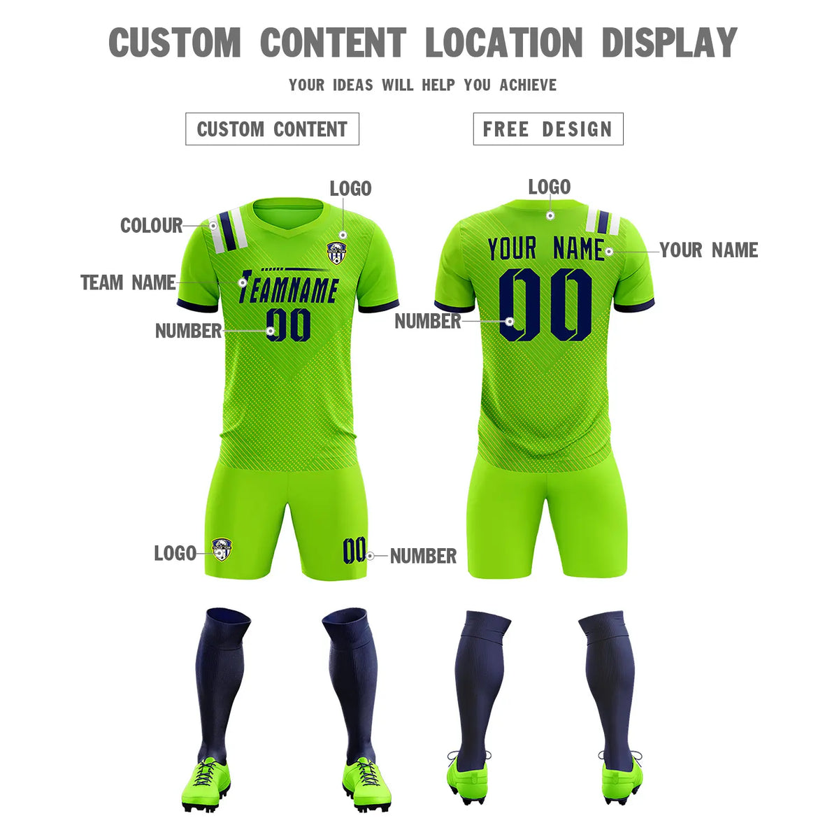 Custom Neon Green Navy Shoulder Stripes Sport Soccer Sets Jersey