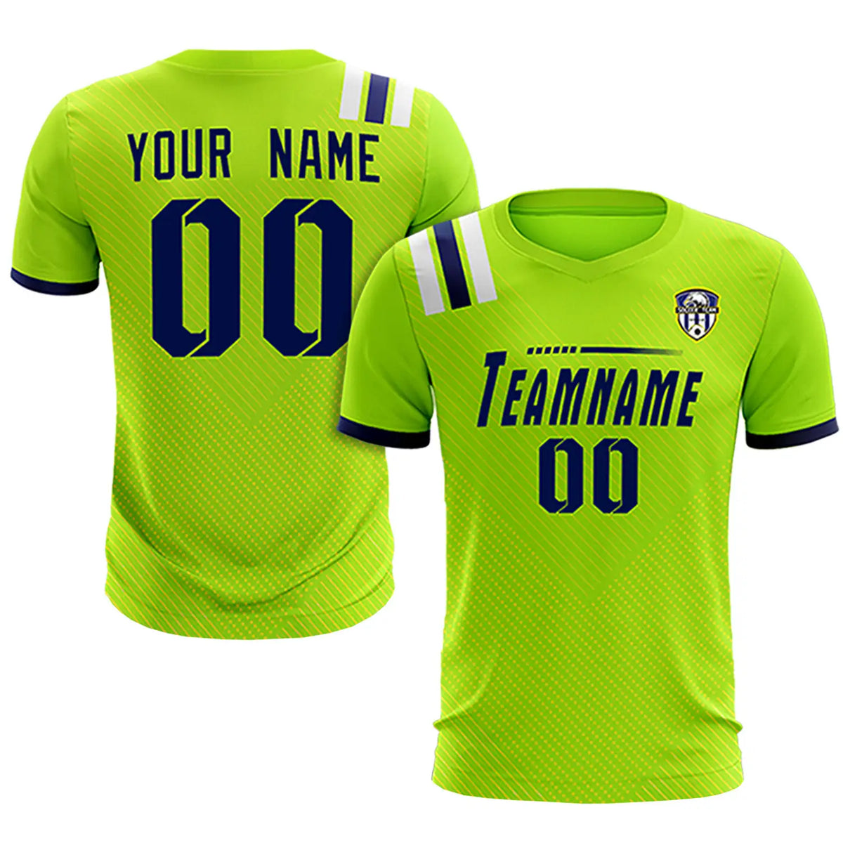 Custom Neon Green Navy Shoulder Stripes Sport Soccer Sets Jersey