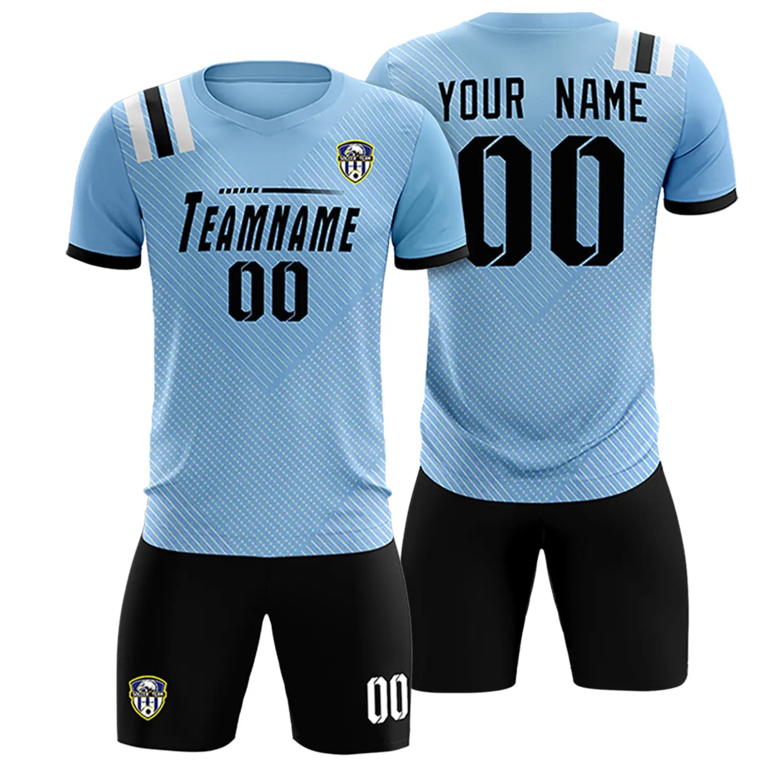 Custom Light Blue Black Shoulder Stripes Sport Soccer Sets Jersey