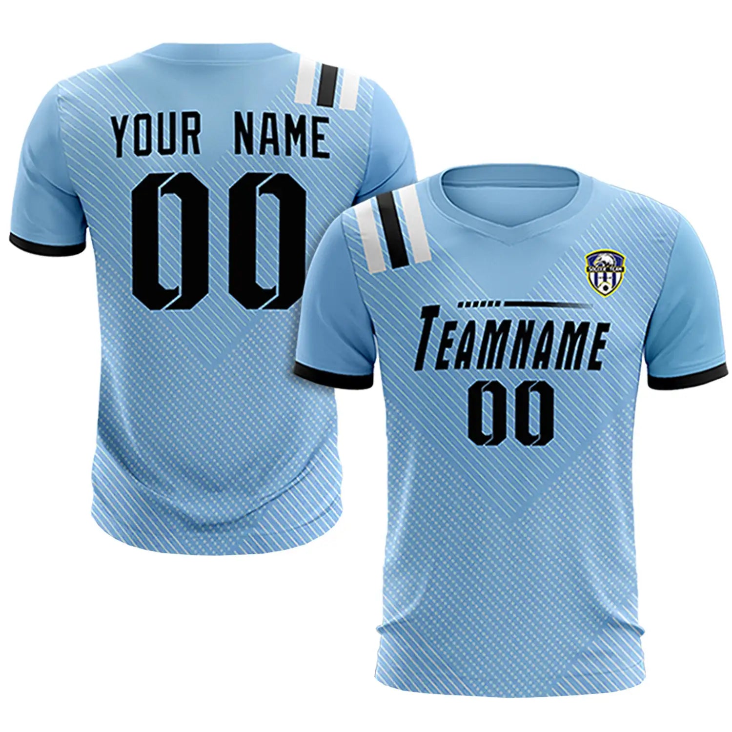 Custom Light Blue Black Shoulder Stripes Sport Soccer Sets Jersey