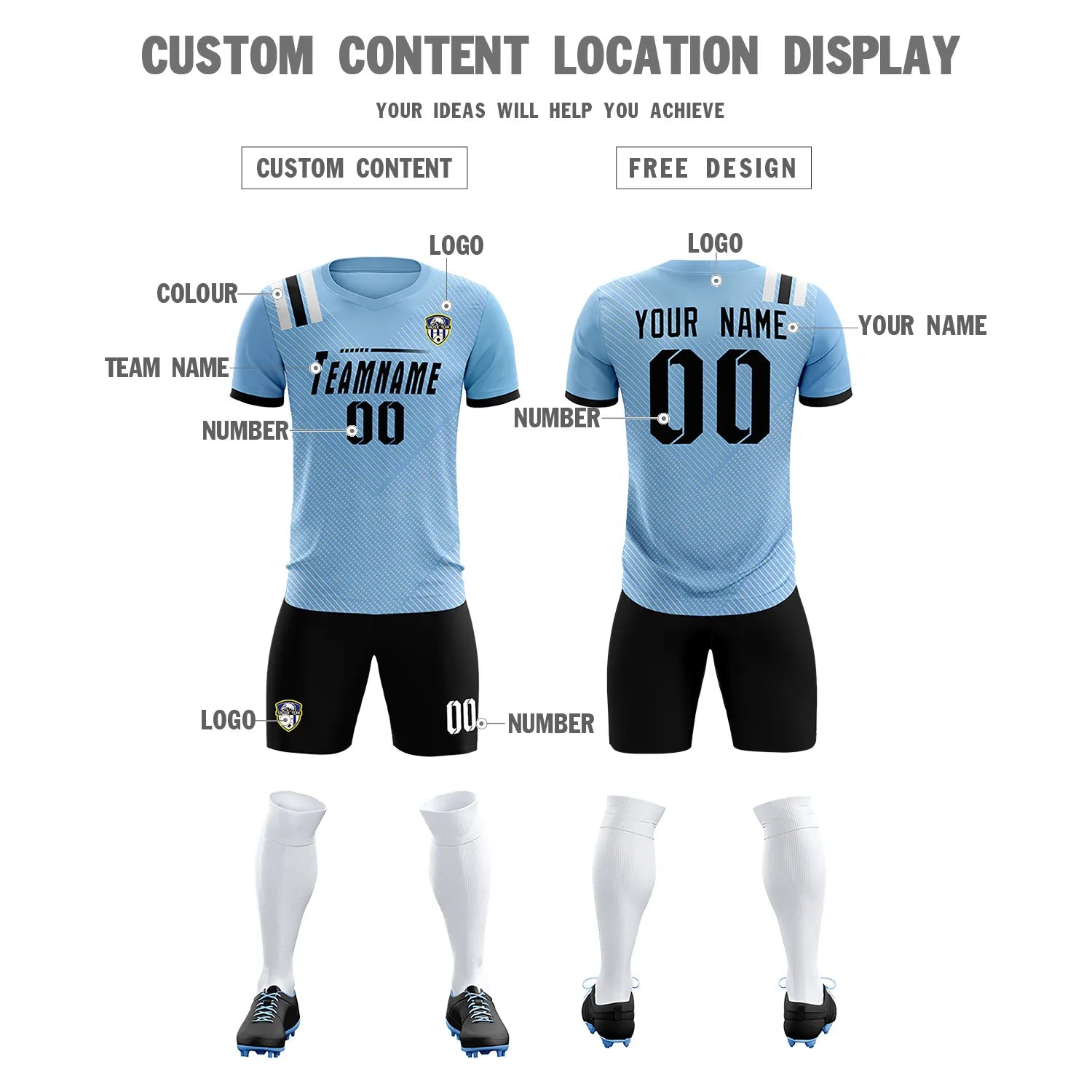 Custom Light Blue Black Shoulder Stripes Sport Soccer Sets Jersey