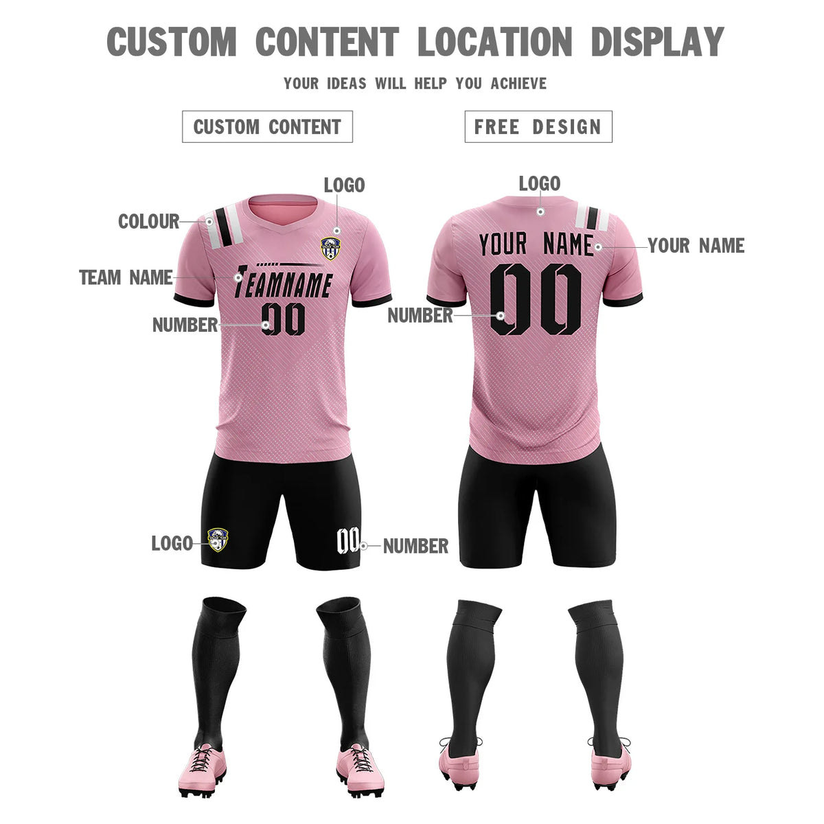 Custom Light Pink Black Shoulder Stripes Sport Soccer Sets Jersey
