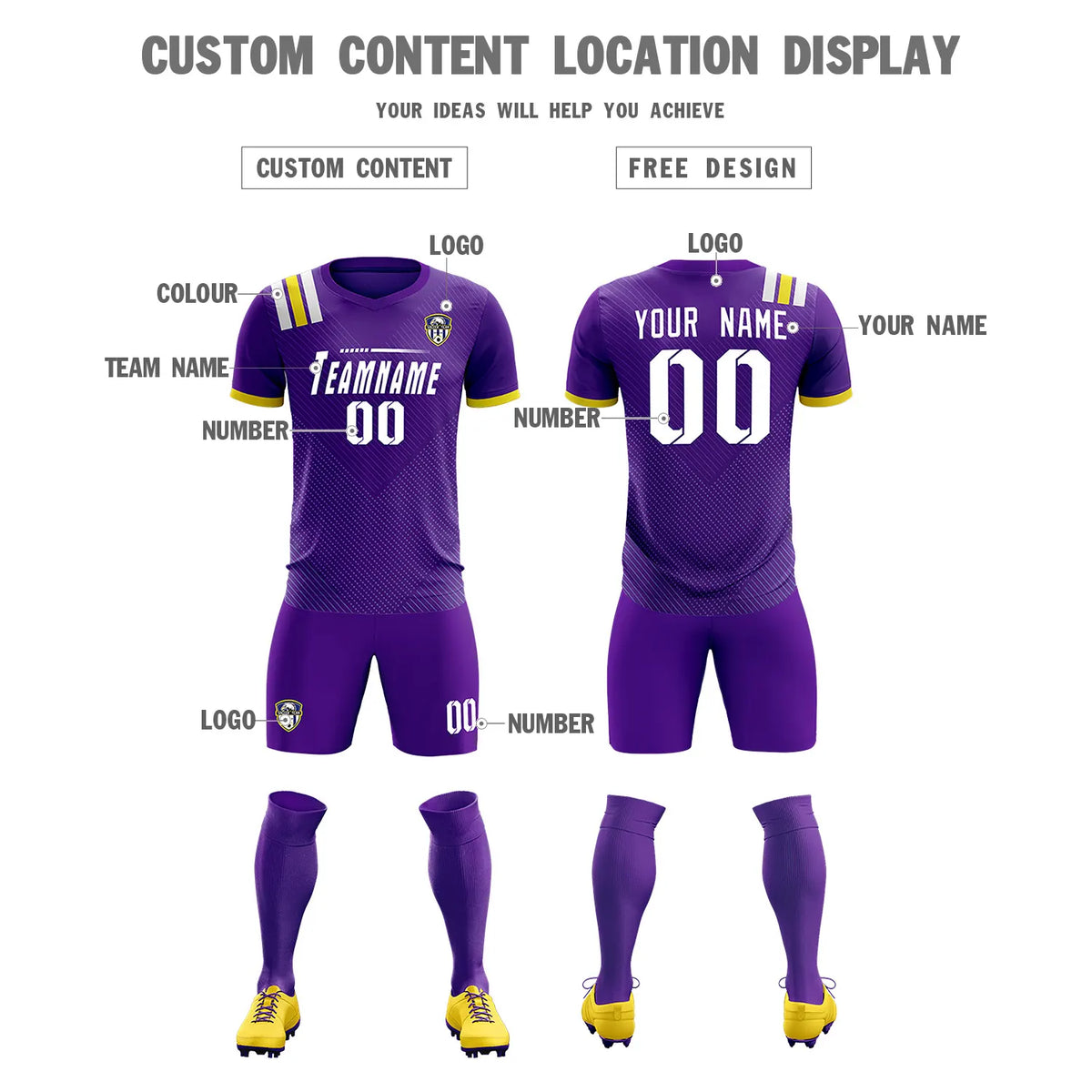 Custom Purple White Shoulder Stripes Sport Soccer Sets Jersey