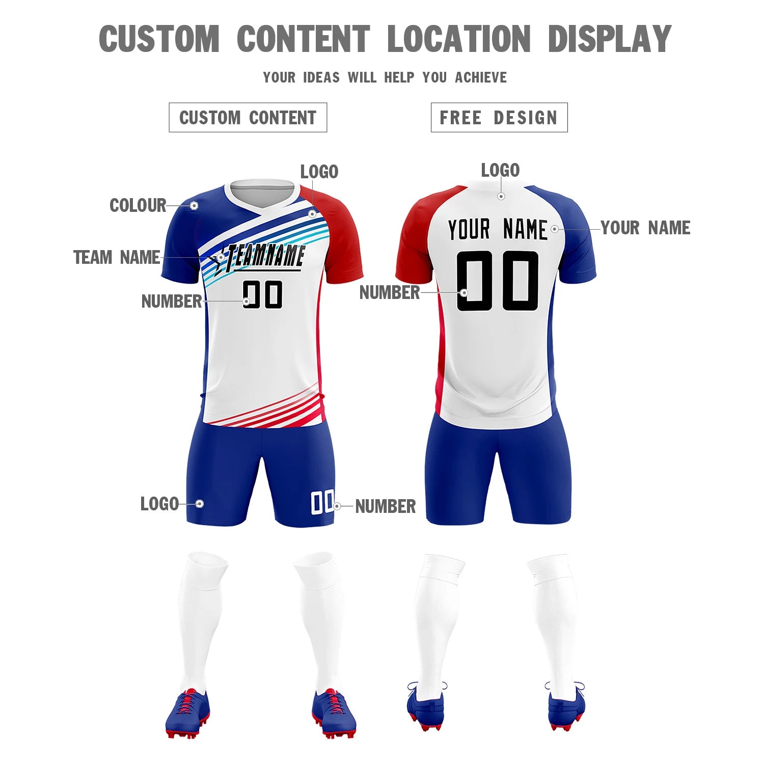 Custom White Royal Blue-Red Gradient Sport Soccer Sets Jersey