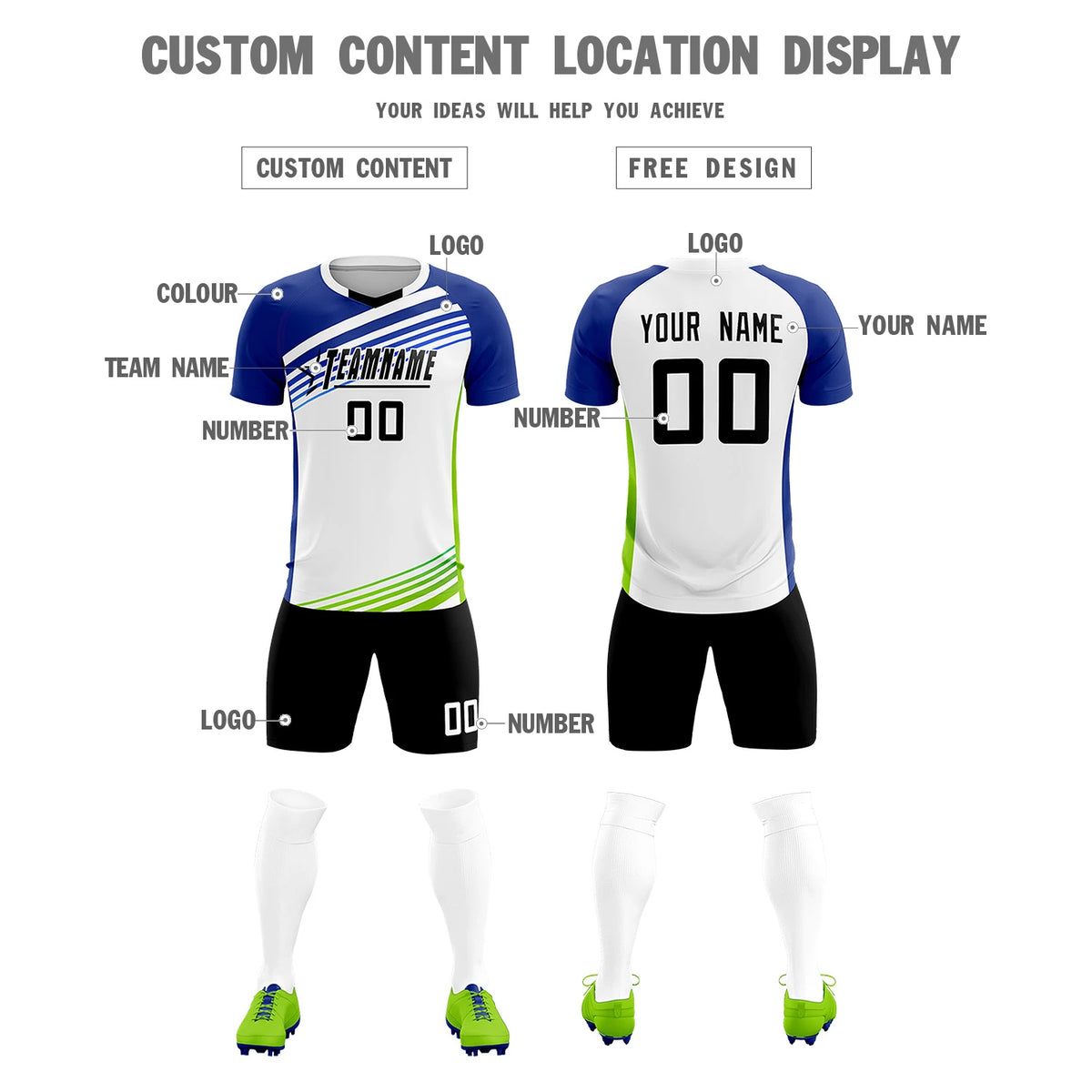 Custom White Royal Blue-Black Gradient Sport Soccer Sets Jersey