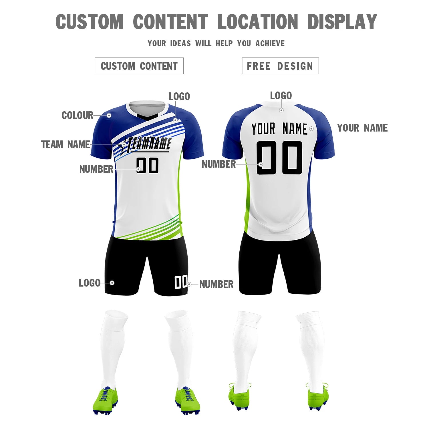 Custom White Royal Blue-Black Gradient Sport Soccer Sets Jersey