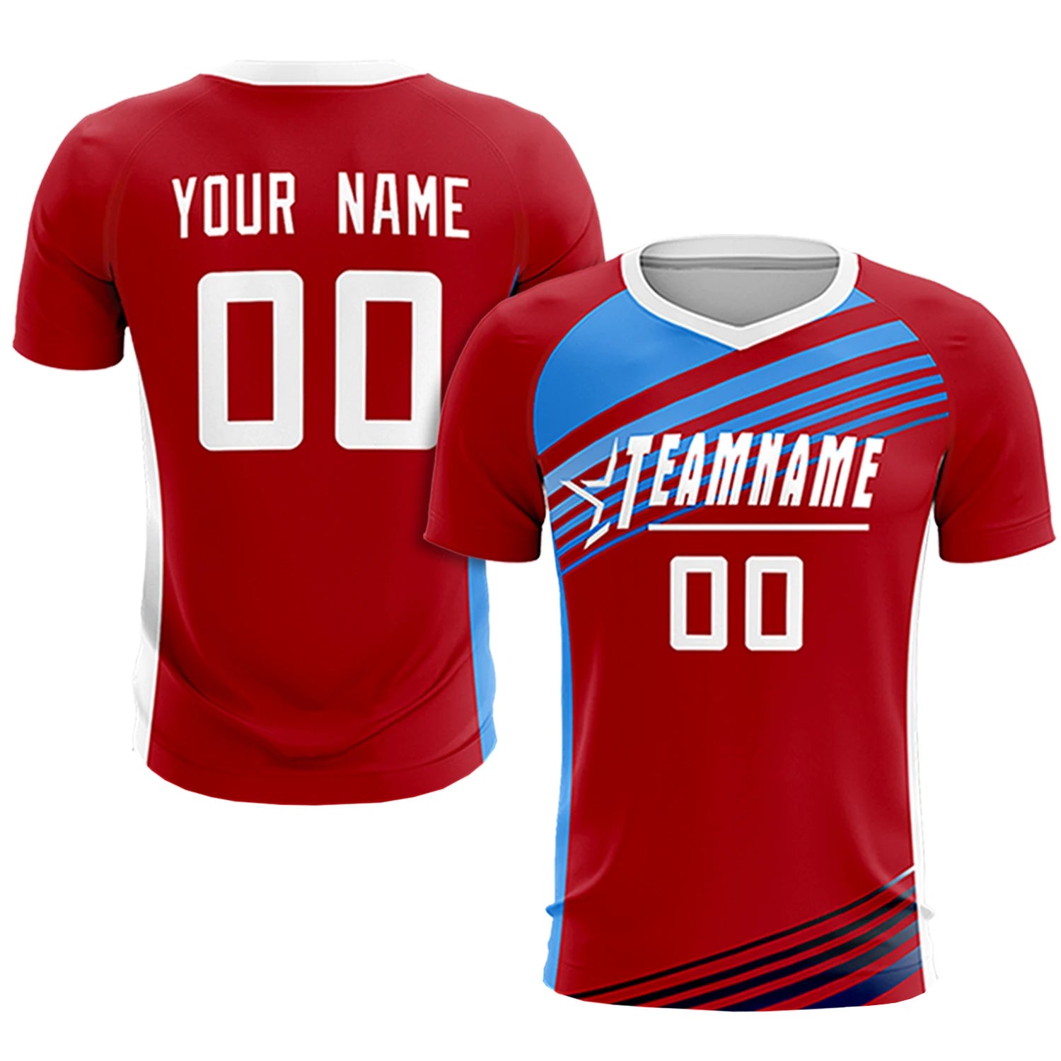 Custom Red Powder Blue-White Gradient Sport Soccer Sets Jersey