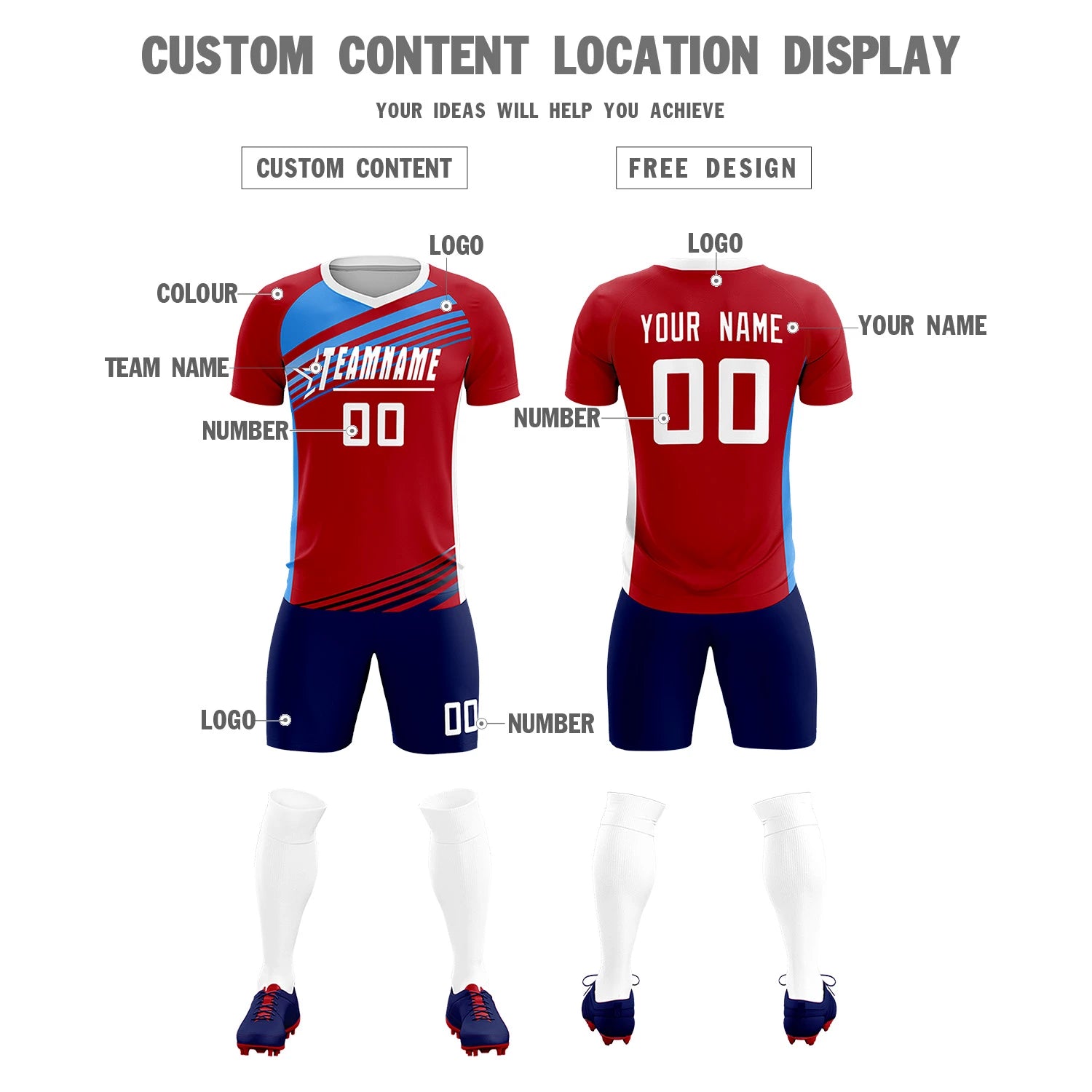 Custom Red Powder Blue-White Gradient Sport Soccer Sets Jersey