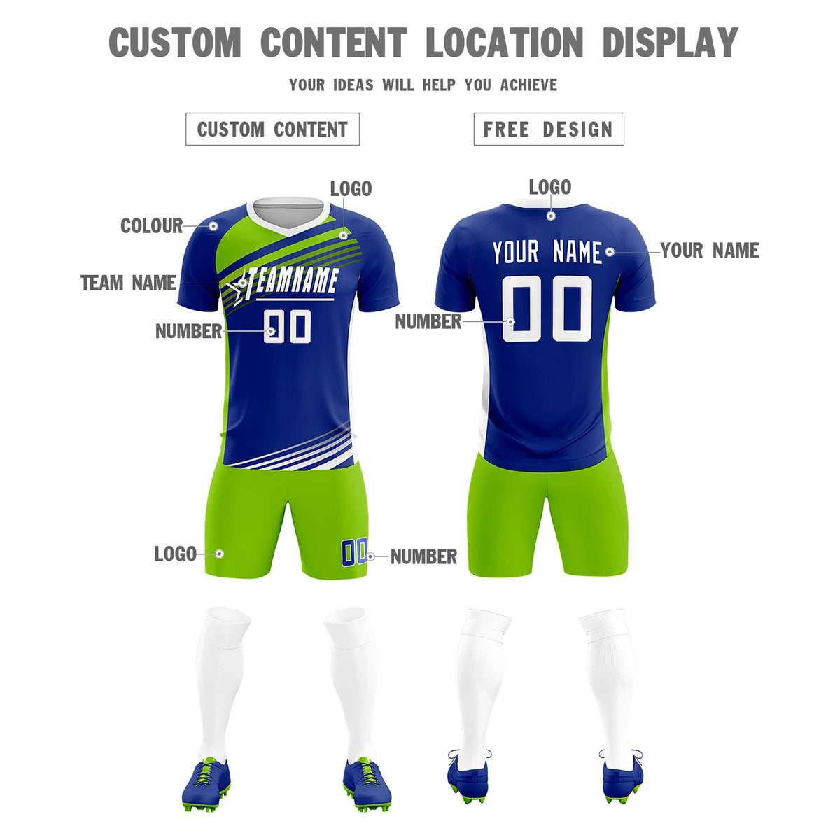Custom Royal Blue Neon Green-White Gradient Sport Soccer Sets Jersey