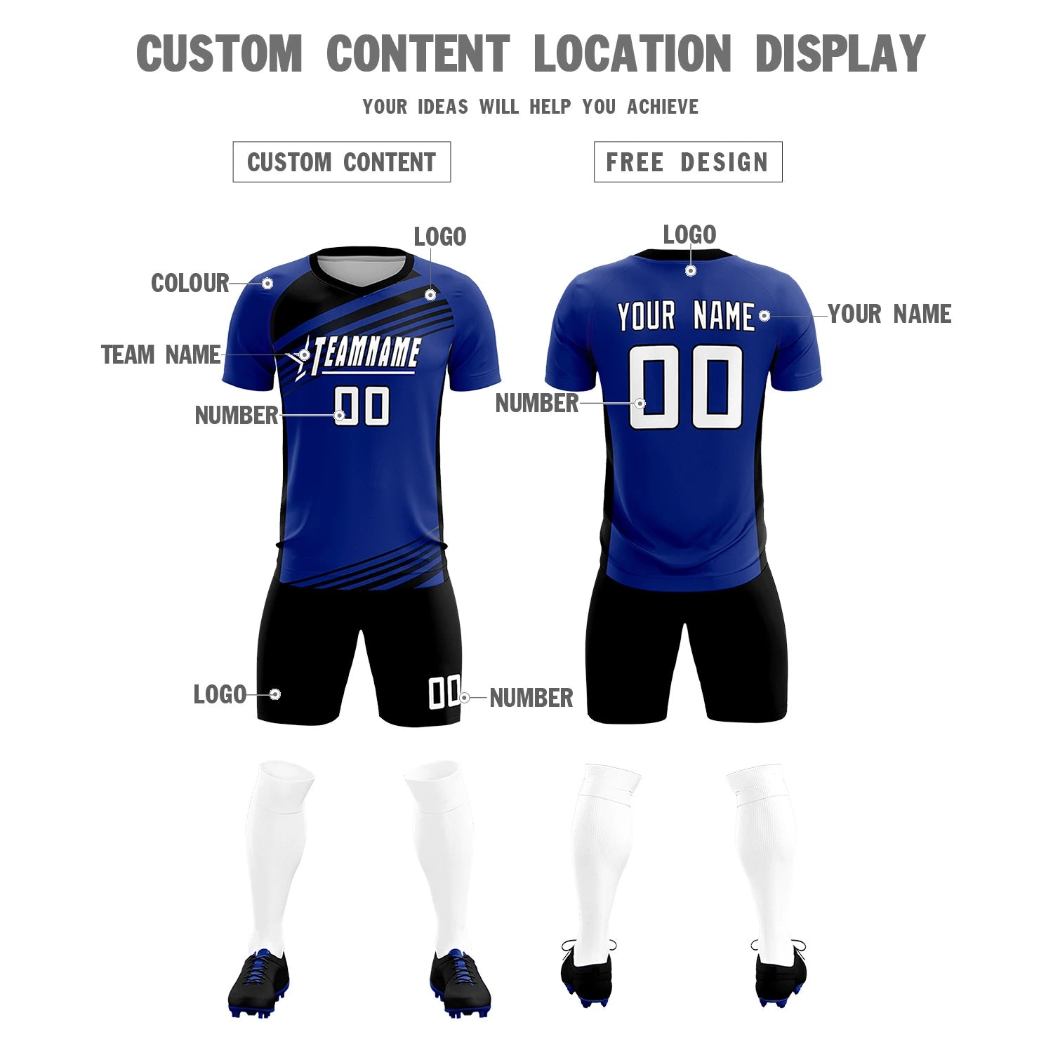 Custom Royal Blue Black-White Gradient Sport Soccer Sets Jersey