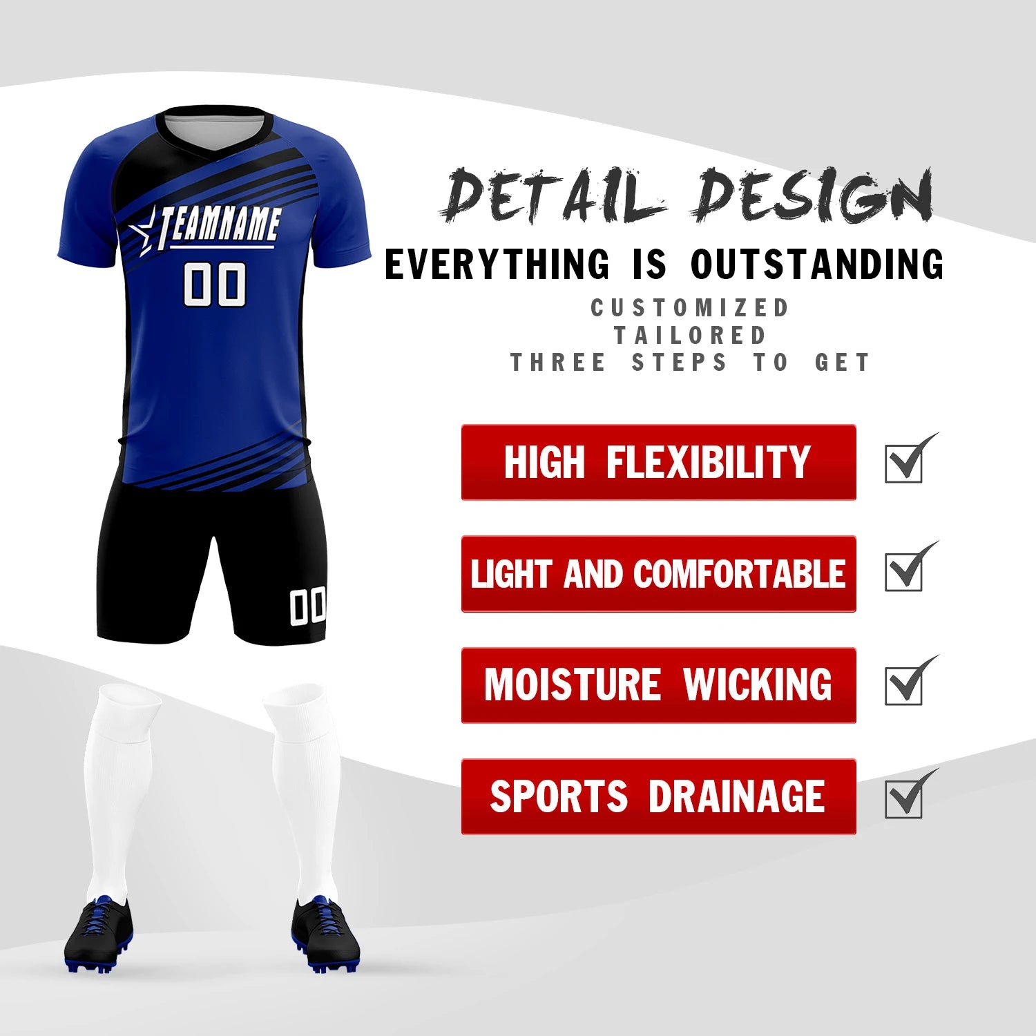 Custom Royal Blue Black-White Gradient Sport Soccer Sets Jersey