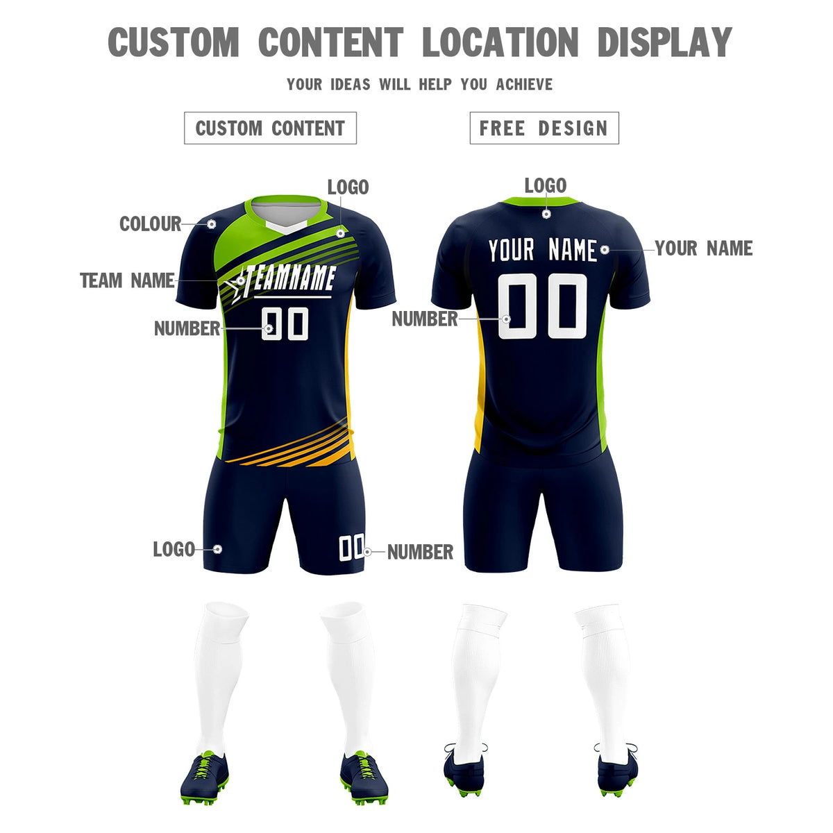 Custom Navy Neon Green-White Gradient Sport Soccer Sets Jersey