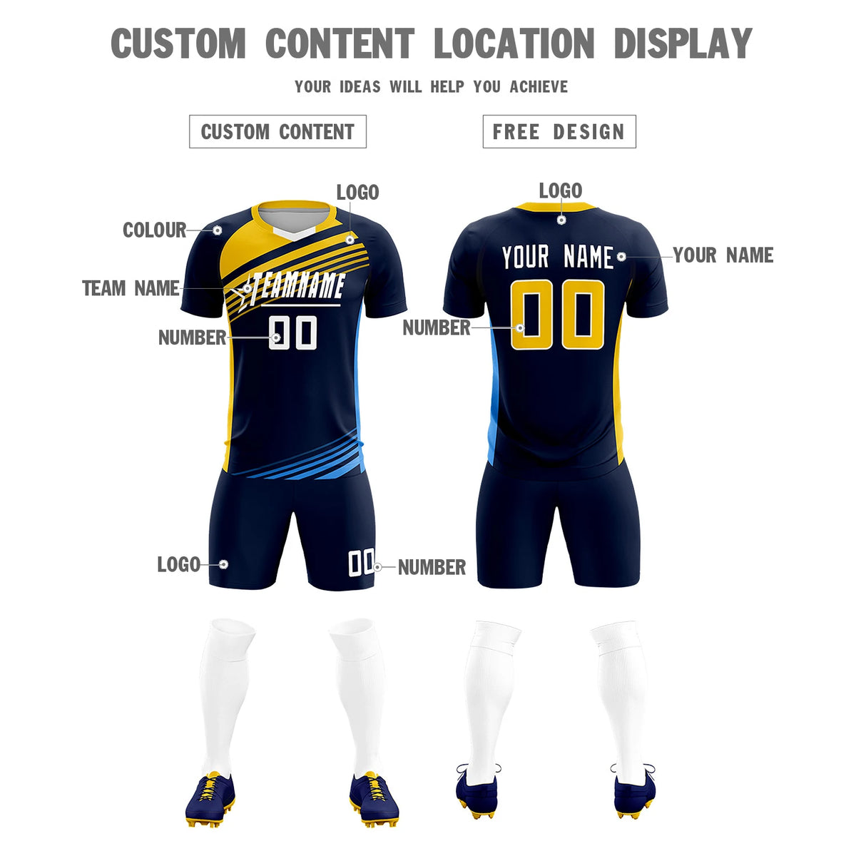Custom Navy Gold-White Gradient Sport Soccer Sets Jersey