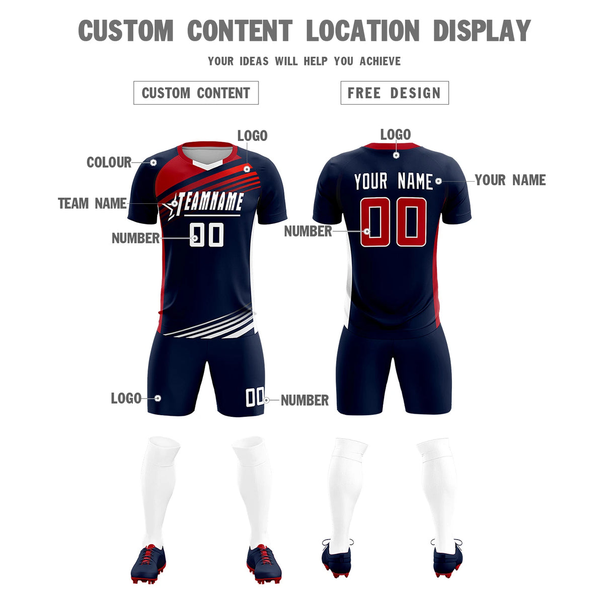 Custom Navy Red-White Gradient Sport Soccer Sets Jersey